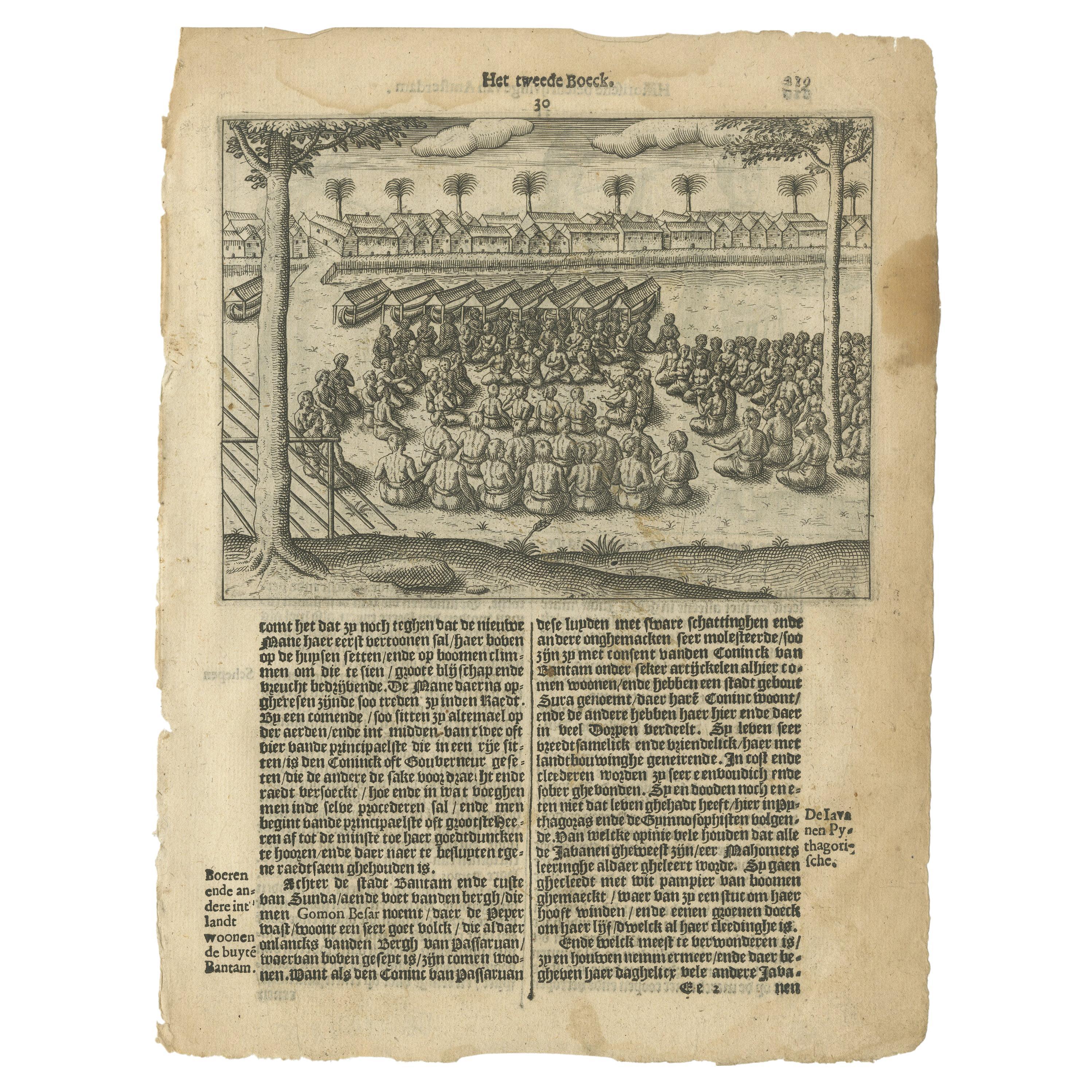 17ème siècle Rare gravure du Conseil de guerre de Bantam et des plateaux locaux japonais, 1614 en vente