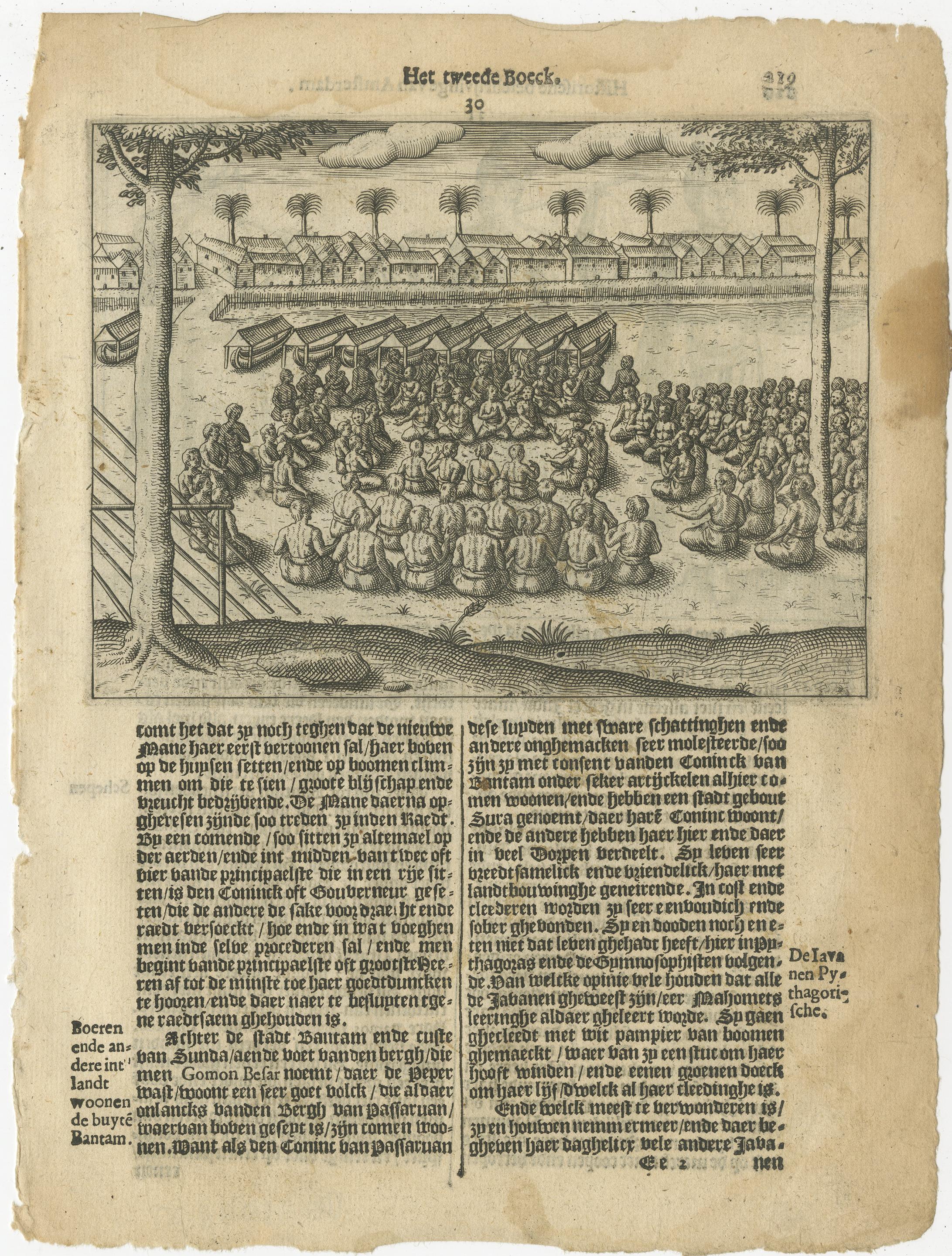 Papier Rare gravure du Conseil de guerre de Bantam et des plateaux locaux japonais, 1614 en vente