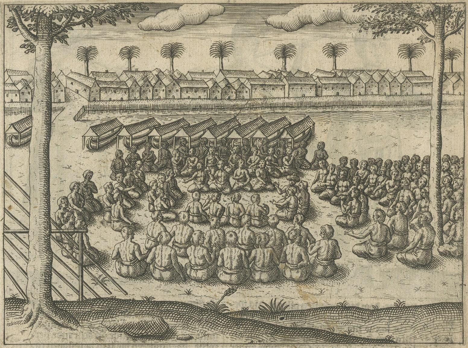 Rare gravure du Conseil de guerre de Bantam et des plateaux locaux japonais, 1614 en vente 2