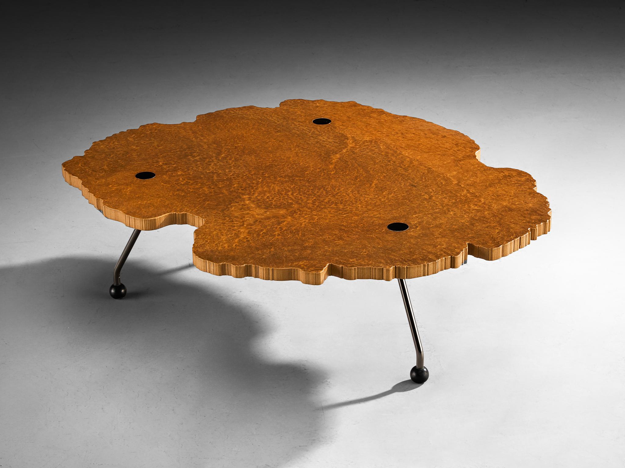 Enzo Testa for Bernini, coffee table, walnut briar burl, coated steel, rubber, Italy, circa 1980

A rare masterpiece designed by Enzo Testa for Bernini around 1980. This coffee table fully showcases the individual characteristics of the wooden slab