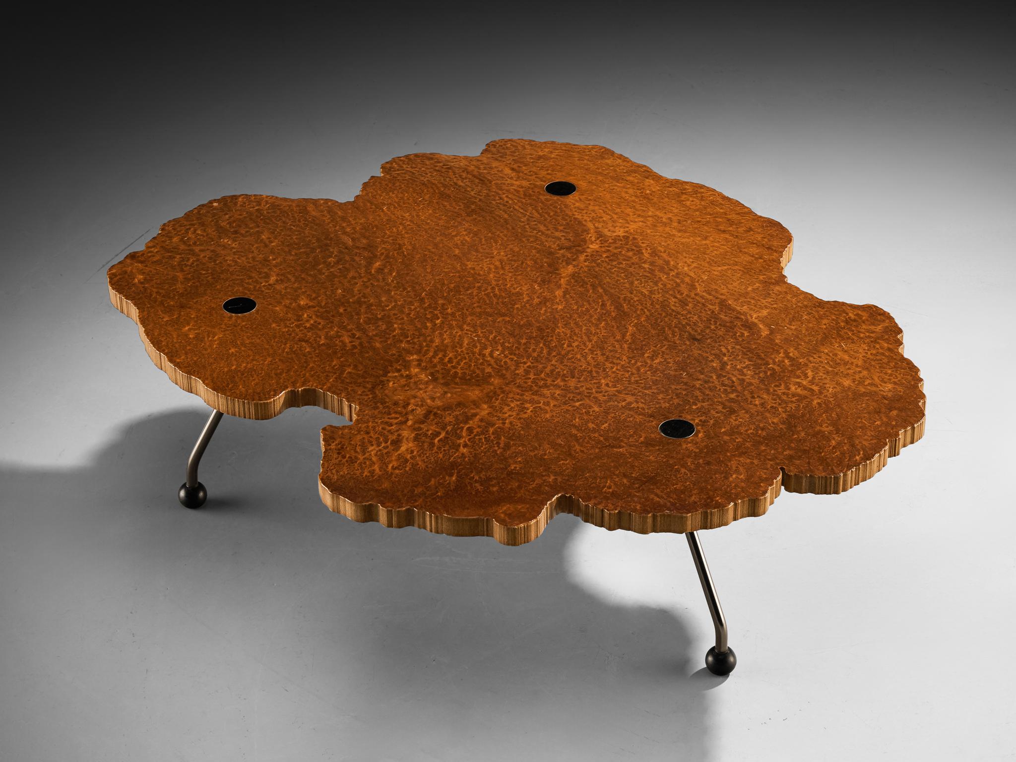 Enzo Testa for Bernini, coffee table, walnut briar burl, coated steel, rubber, Italy, circa 1980

A rare masterpiece designed by Enzo Testa for Bernini around 1980. This coffee table fully showcases the individual characteristics of the wooden slab