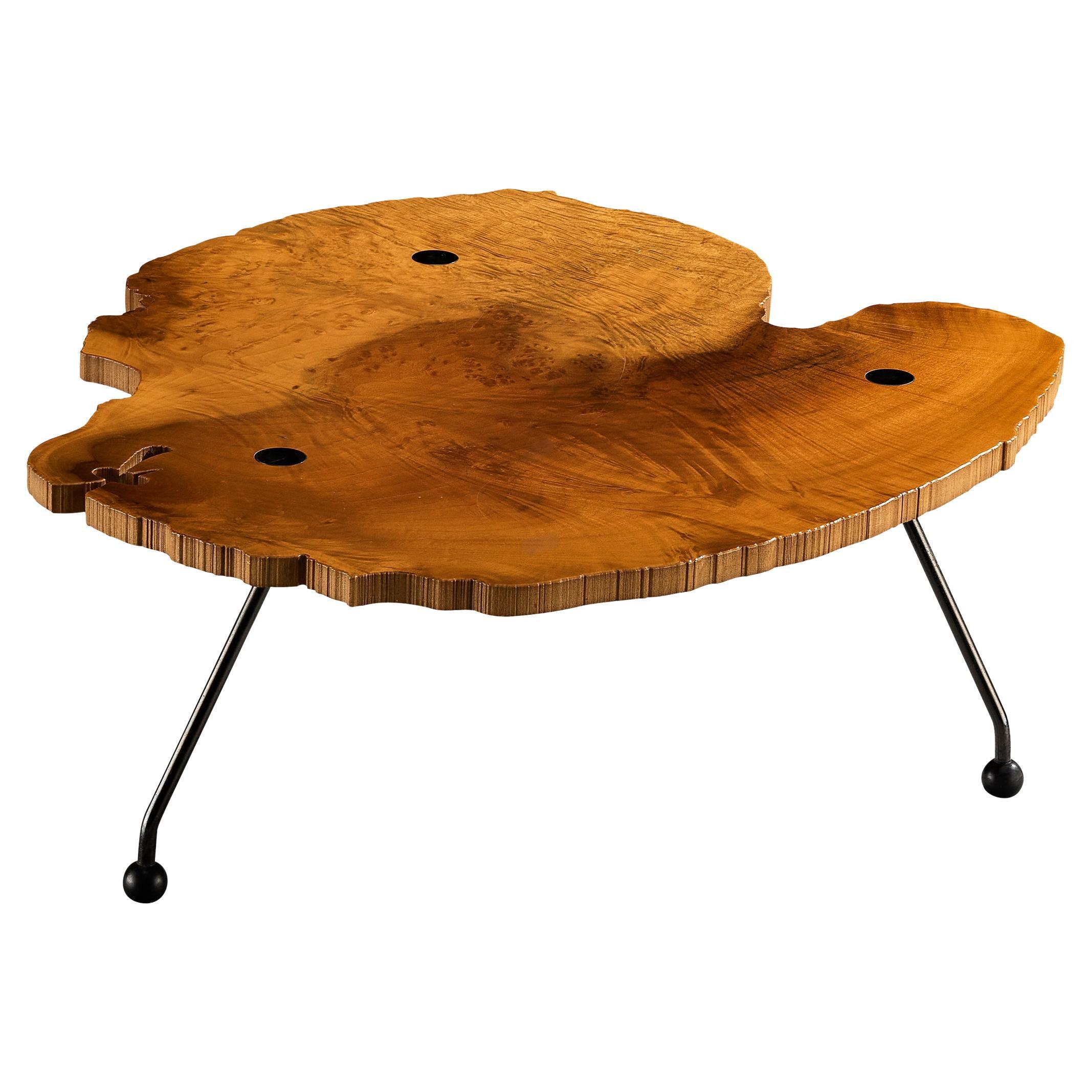 Rare table basse Enzo Testa for Bernini en ronce de noyer et acier