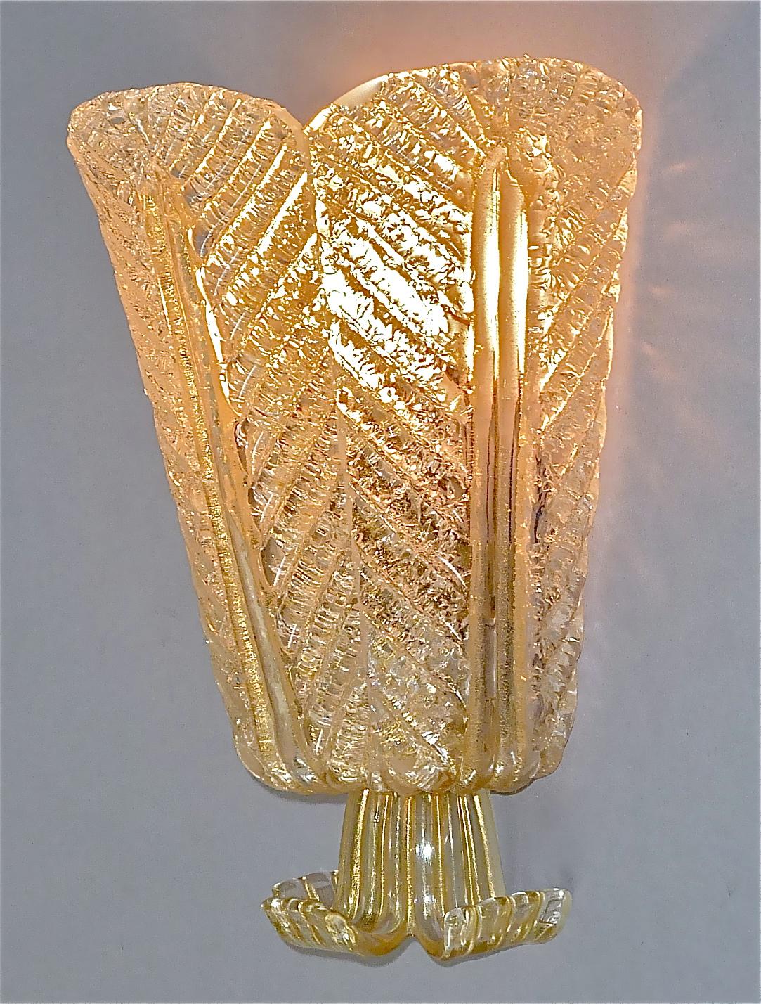 Rare Ercole Barovier Toso Flower Leaf Sconce Lamp Gold Murano Glass Art Deco For Sale 7