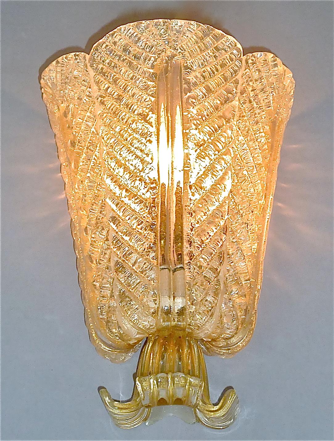 Rare Ercole Barovier Toso Flower Leaf Sconce Lamp Gold Murano Glass Art Deco For Sale 8