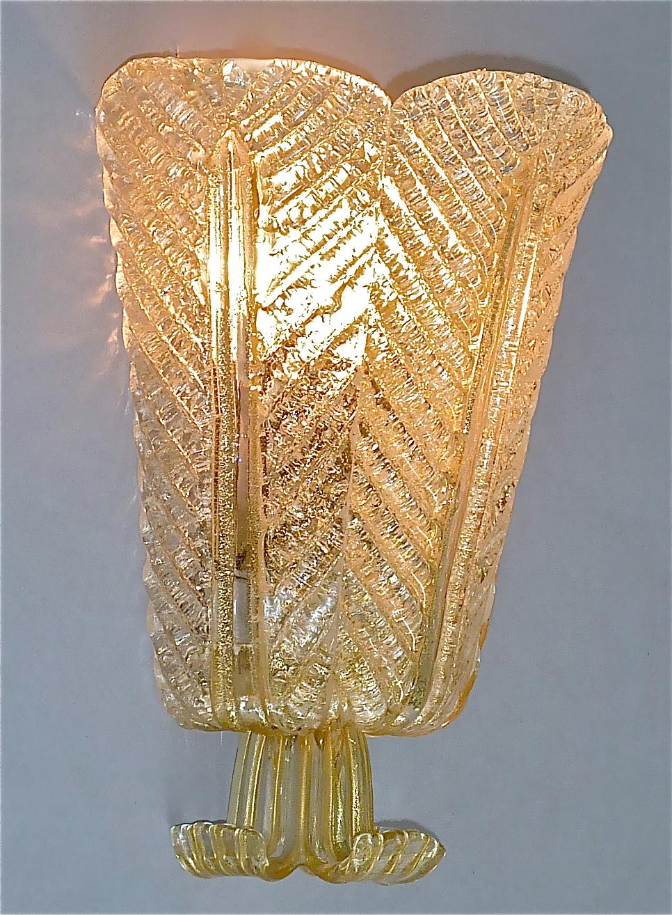 Rare Ercole Barovier Toso Flower Leaf Sconce Lamp Gold Murano Glass Art Deco For Sale 9