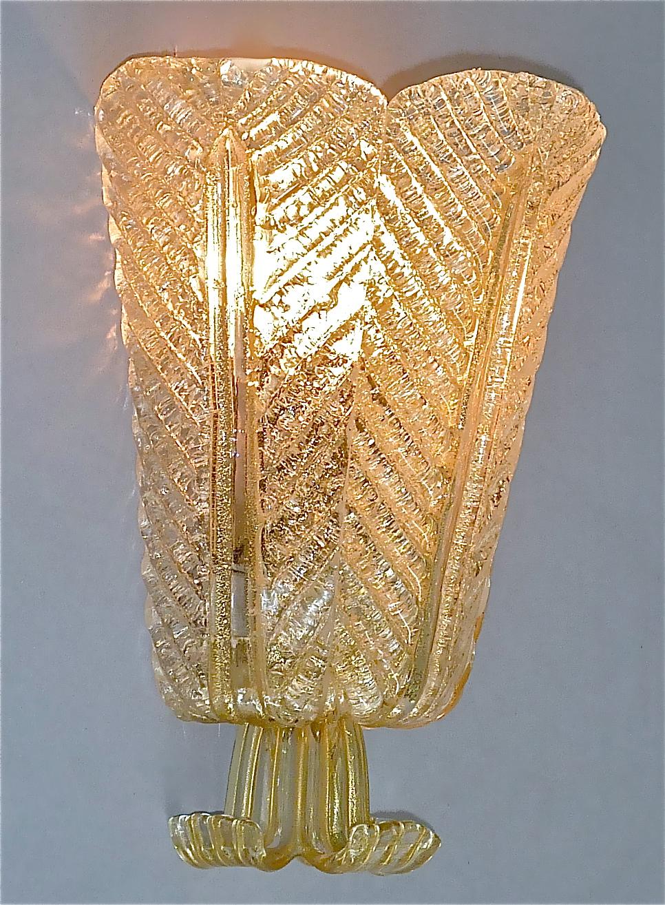Rare Ercole Barovier Toso Flower Leaf Sconce Lamp Gold Murano Glass Art Deco For Sale 9