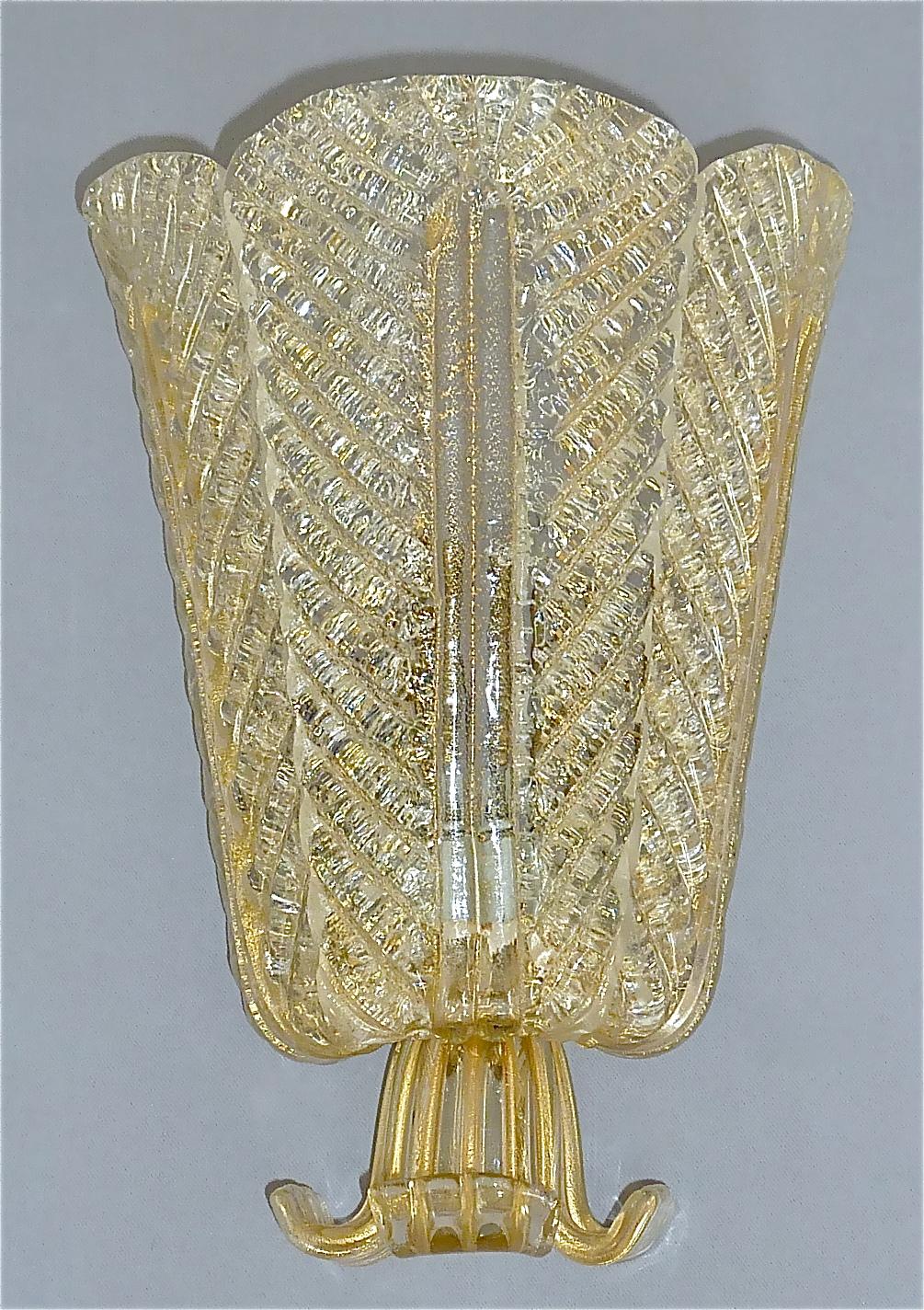 Italian Rare Ercole Barovier Toso Flower Leaf Sconce Lamp Gold Murano Glass Art Deco For Sale