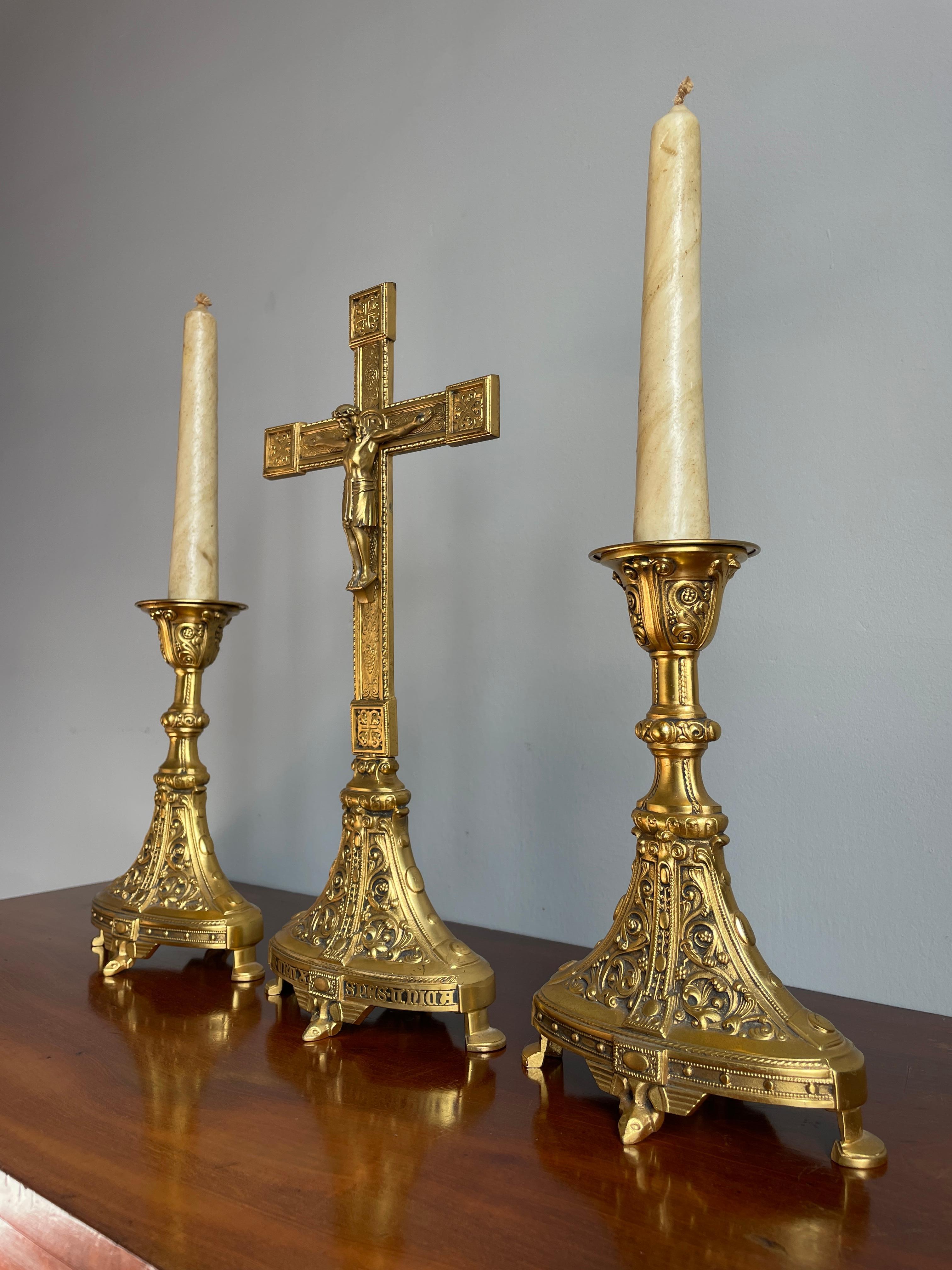 Rare Erhard & Sohne Gilt Brass Crucifix & Pair of Candle Holders w. Latin Text 13