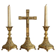 Rare Erhard & Sohne Gilt Brass Crucifix & Pair of Candle Holders w. Latin Text