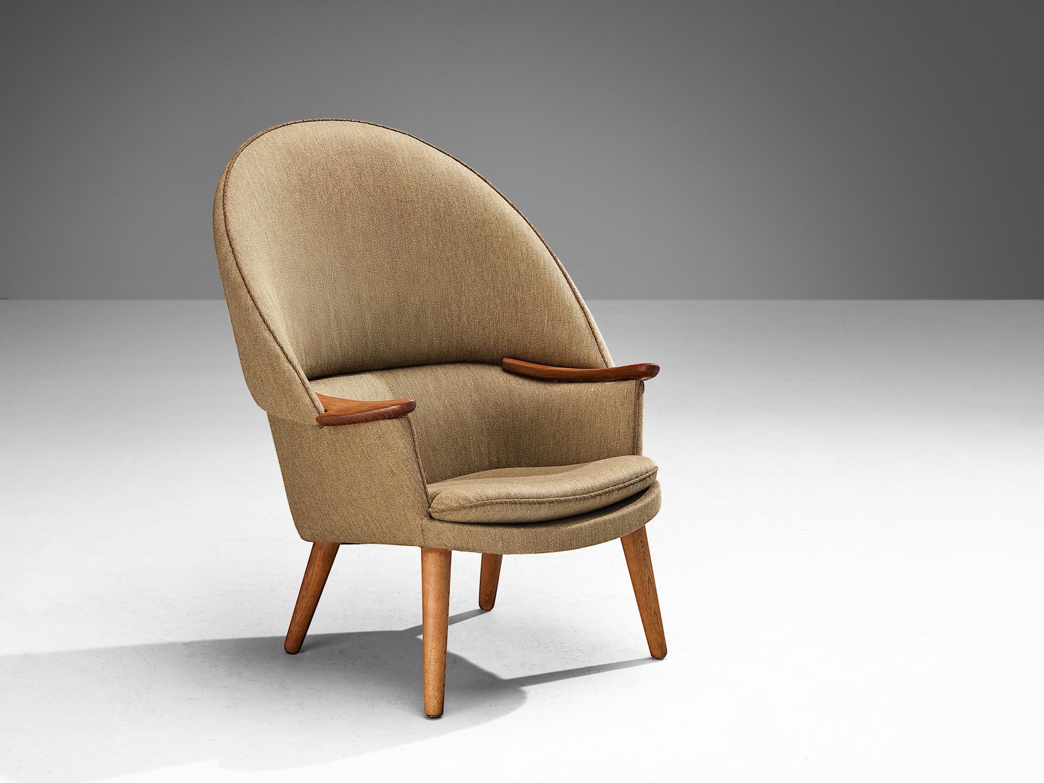 Erik Ole Jørgensen for Chris Sørensen, easy chair, wool, teak, oak, Denmark, design 1954 

This extremely rare armchair is designed by Erik Ole Jørgensen and crafted by Chris Sørensen. What defines this piece is the way the corpus is expertly