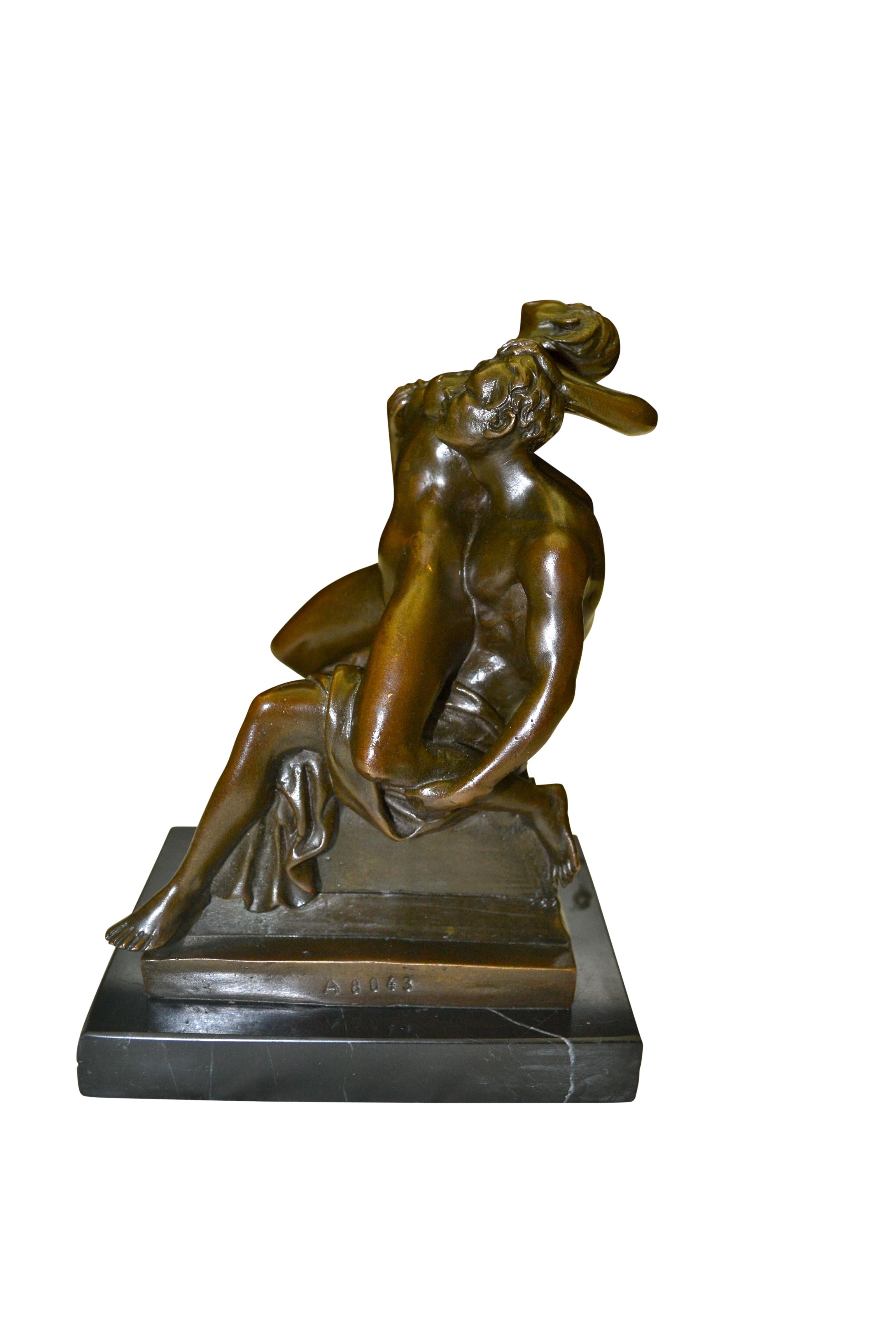 A very erotic patinated bronze sculpture on a stepped bronze and marble base after renowned Austrian Art Deco sculptor Bruno Zach (1891-1945). The not so subtle subject of the bronze statue leaves nothing to the imagination. The bronze has B. Zach