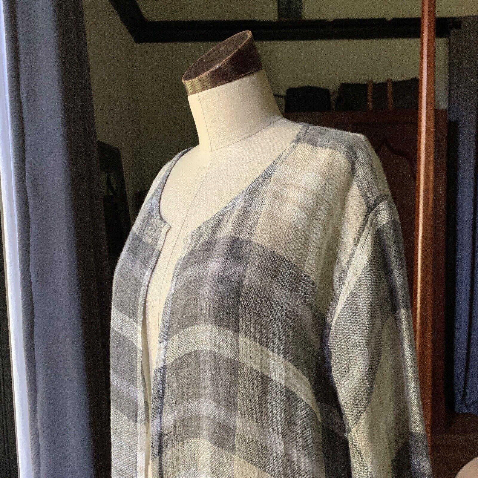 Women's or Men's Rare ESKANDAR 3/4 Length Side Pleated Round Neck Coat Gauze LINEN Check Sz 1 For Sale