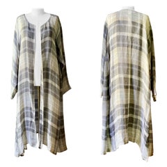 Rare ESKANDAR 3/4 Length Side Pleated Round Neck Coat Gauze LINEN Check Sz 1