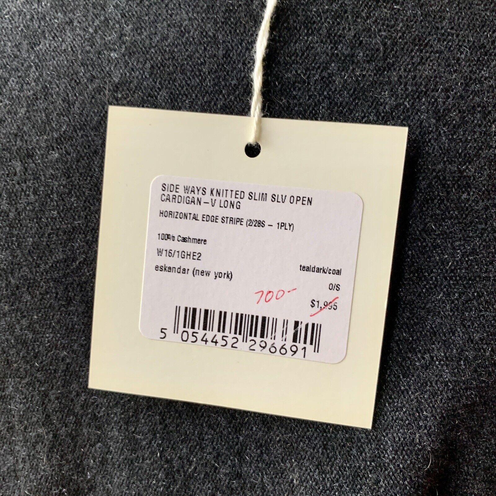 Rare ESKANDAR Sideways Knitted Slim Sleeve Open CASHMERE Teal Cardigan NWT O/S For Sale 5
