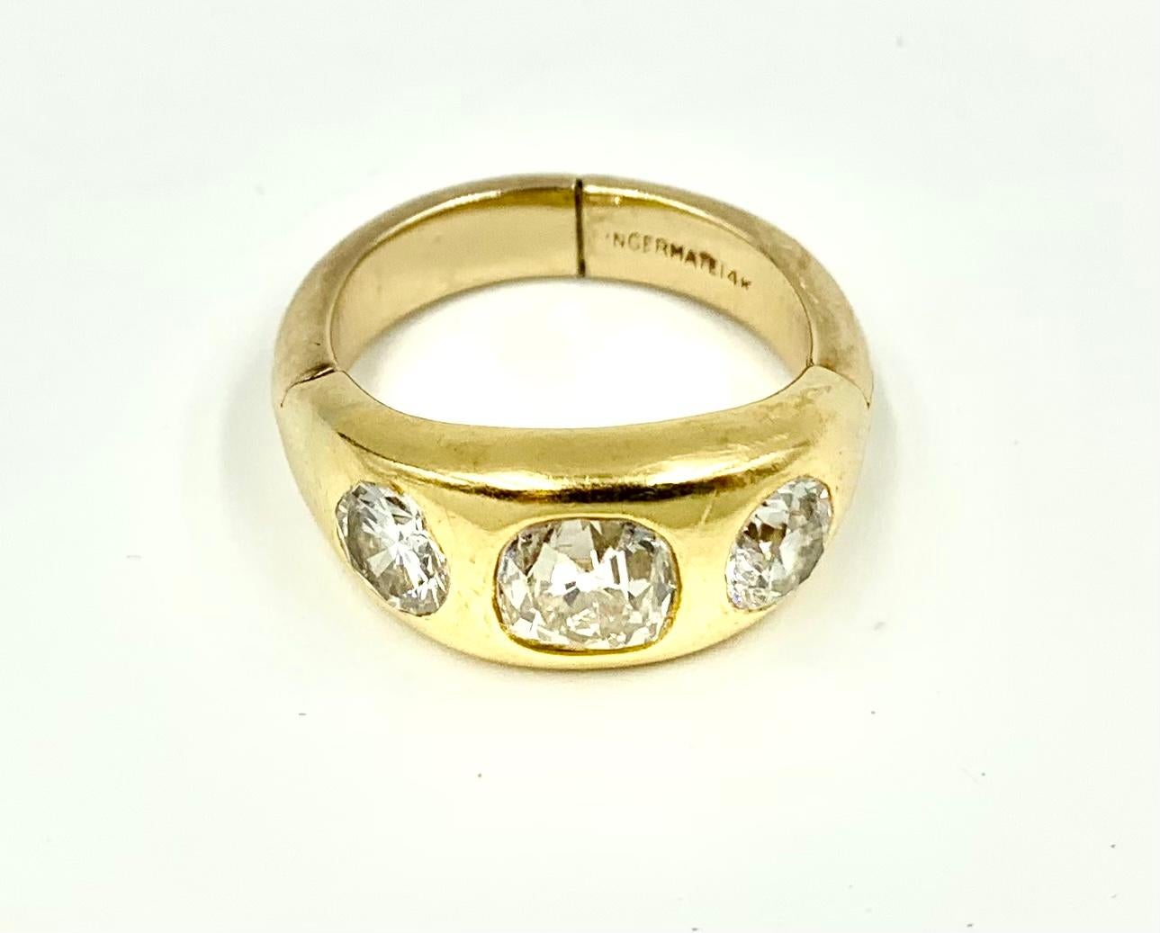 Rare Estate 1.75 TCW Diamond 14K Gold Three Stone Expandable Hinged Gypsy Ring 4