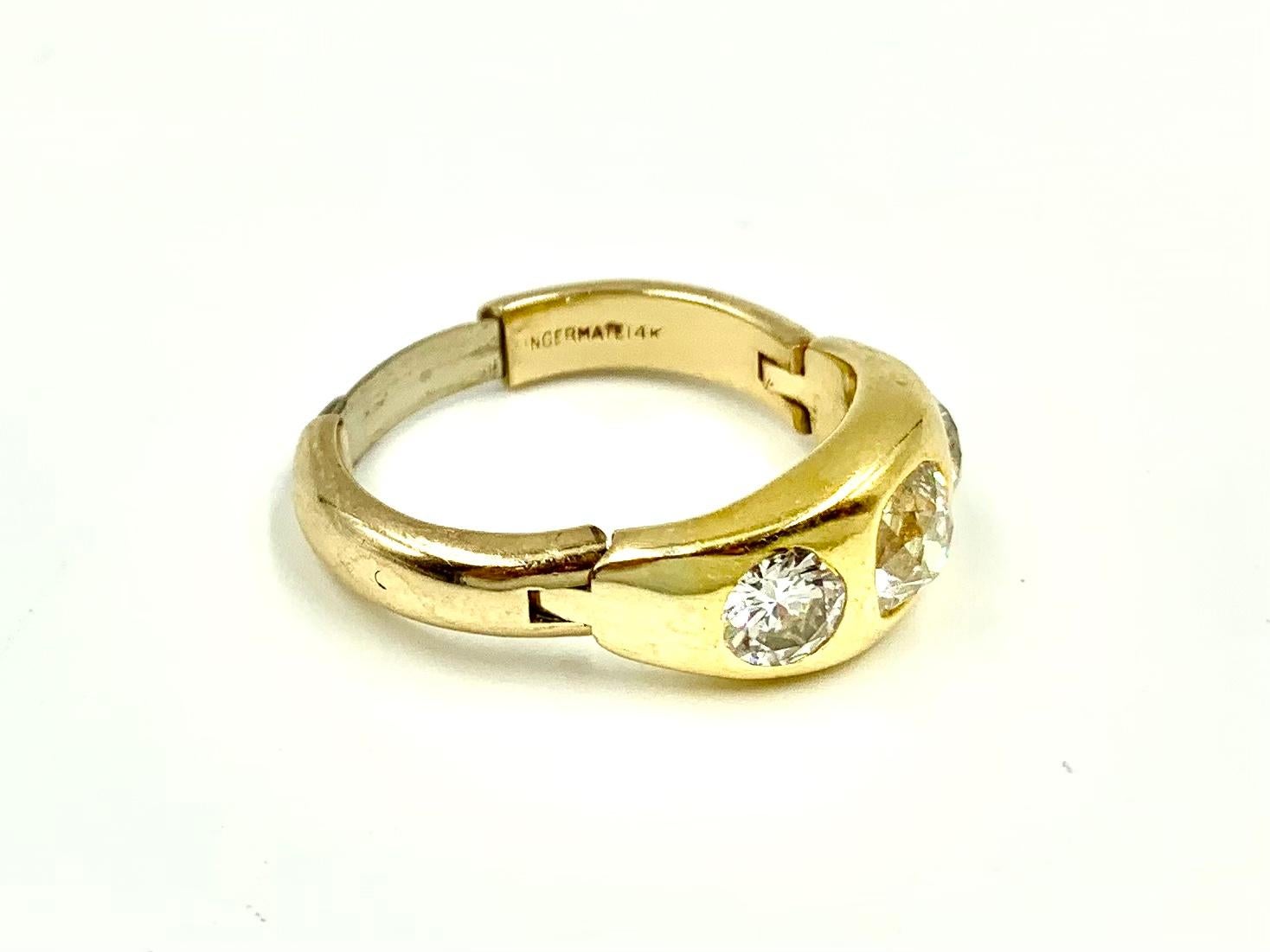 Rare Estate 1.75 TCW Diamond 14K Gold Three Stone Expandable Hinged Gypsy Ring 1
