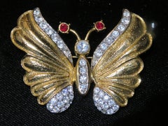 Rare Estate 18KT Gold Plate Glittering 1970s Butterfly Faux Ruby CZ Brooch Pin
