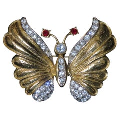 Rare Estate 18KT Gold Plate Glittering 1970s Butterfly Faux Ruby CZ Brooch Pin