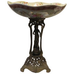 Rare Estate Bronze 1895 Tazza Handpainted Porcelain Centerpiece With a Woman