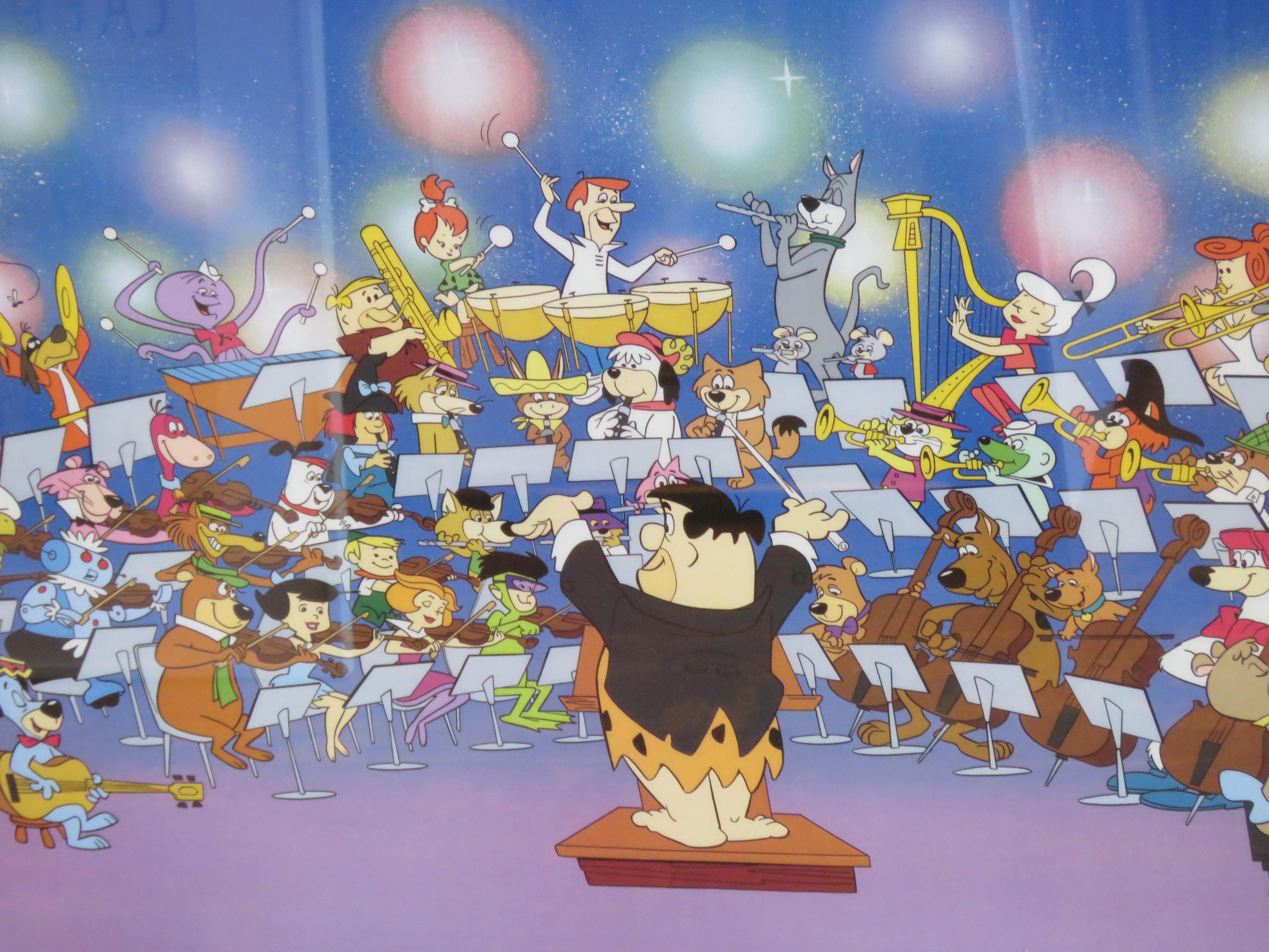 Américain Rare estampe de succession encadrée Hanna Barbera Flintstones Jetsons Orchestra  en vente