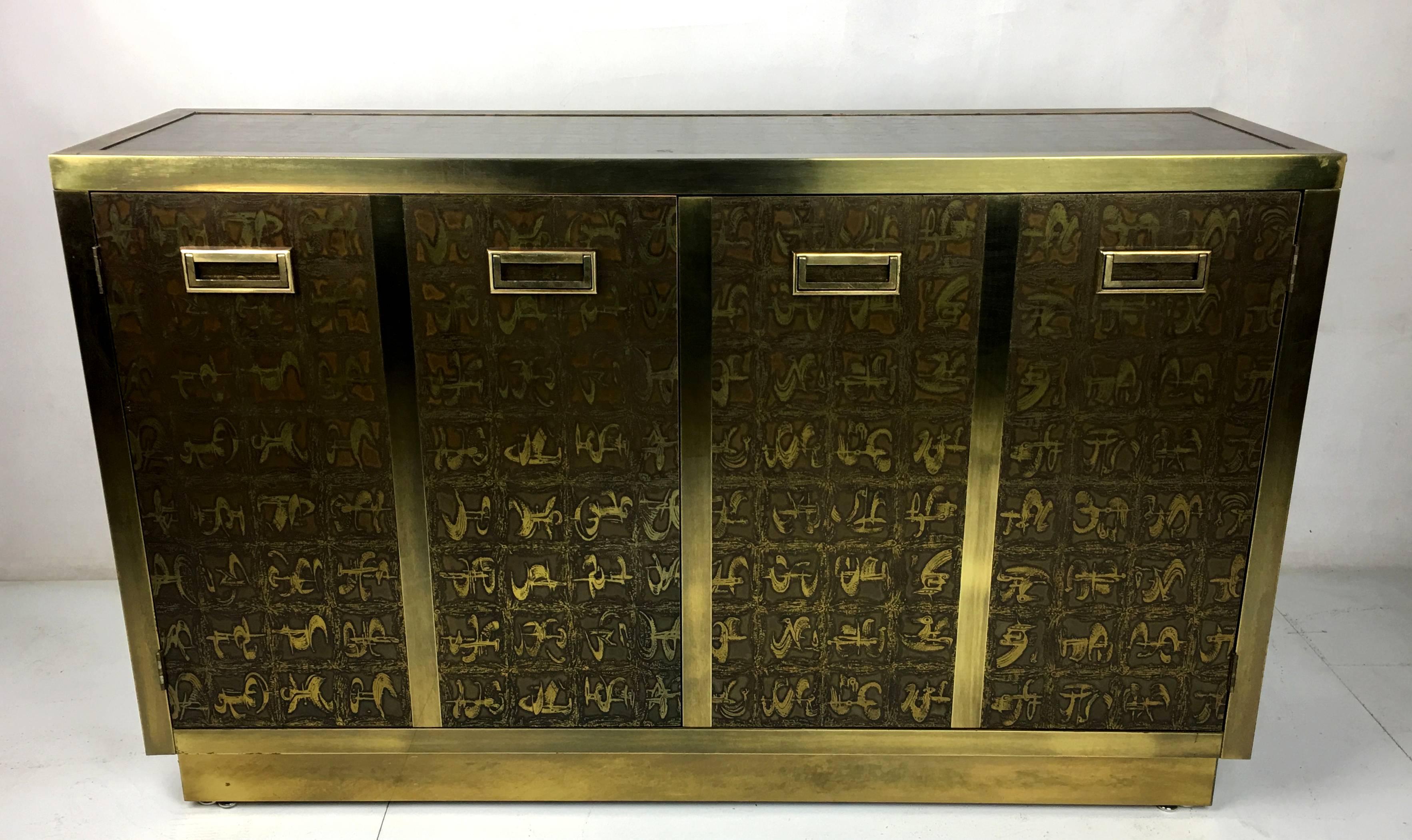 Mid-Century Modern Rare Etched Brass Cabinet by Bernard Rohne for Mastercraft
