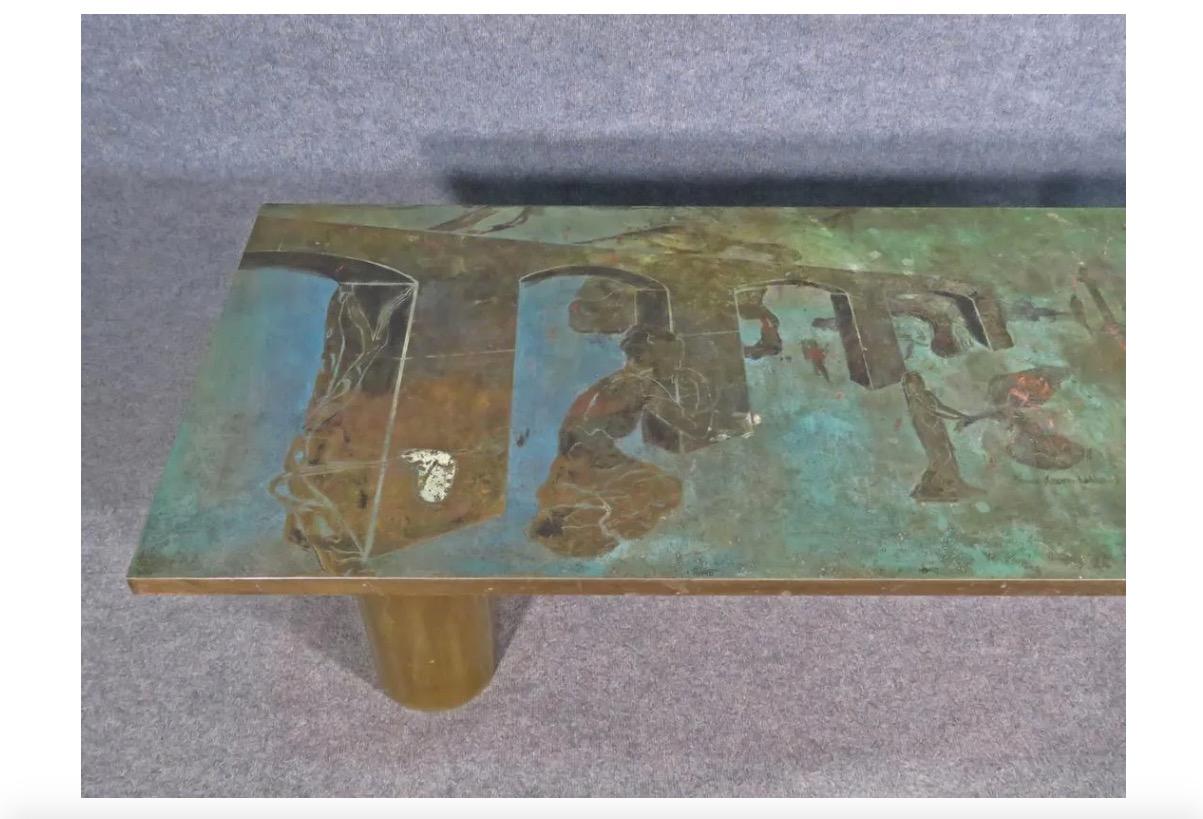 Modern Rare Etched Metal Coffee Table by Phillip and Kelvin LaVerne