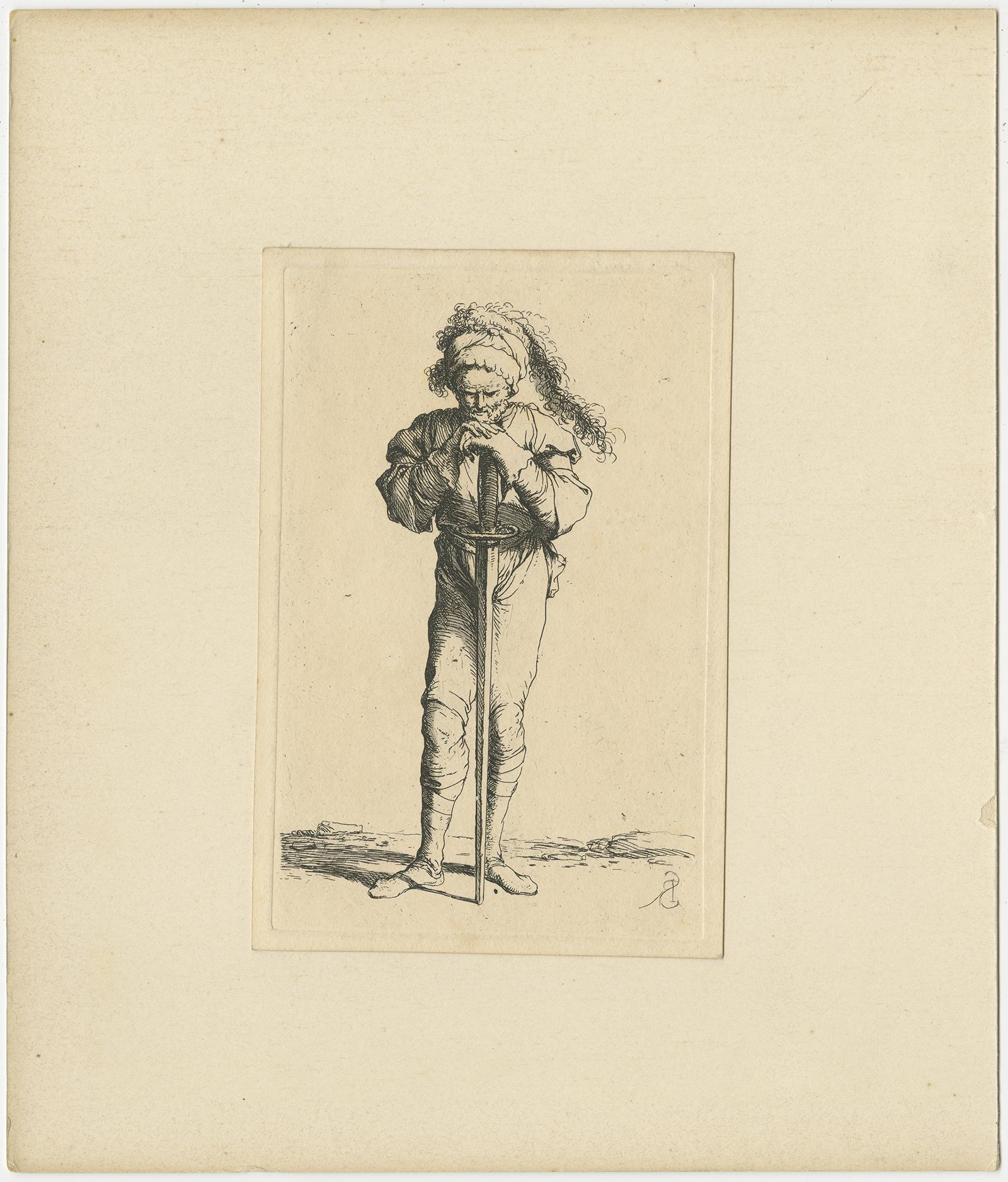 Etching of a warrior standing and leaning on a long sword. Originates from a figurine series 1653-1658, signed with his monogram.

Artists and engravers: Salvator Rosa (June 20 or July 21, 1615 – March 15, 1673) was an Italian Baroque painter, poet,