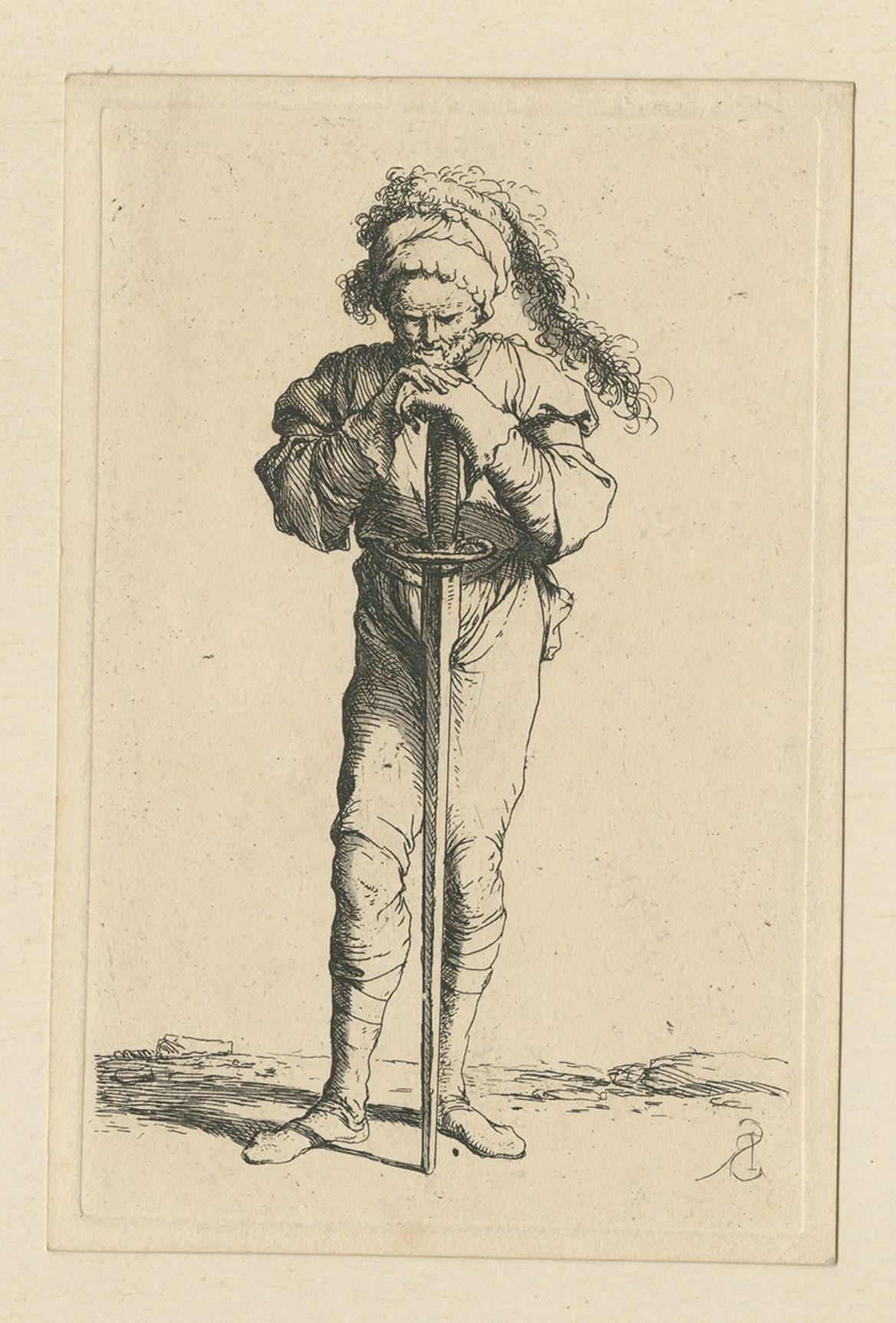 Rare Etching of a Warrior Standing and Leaning on a Long Sword, ca.1658 In Good Condition For Sale In Langweer, NL