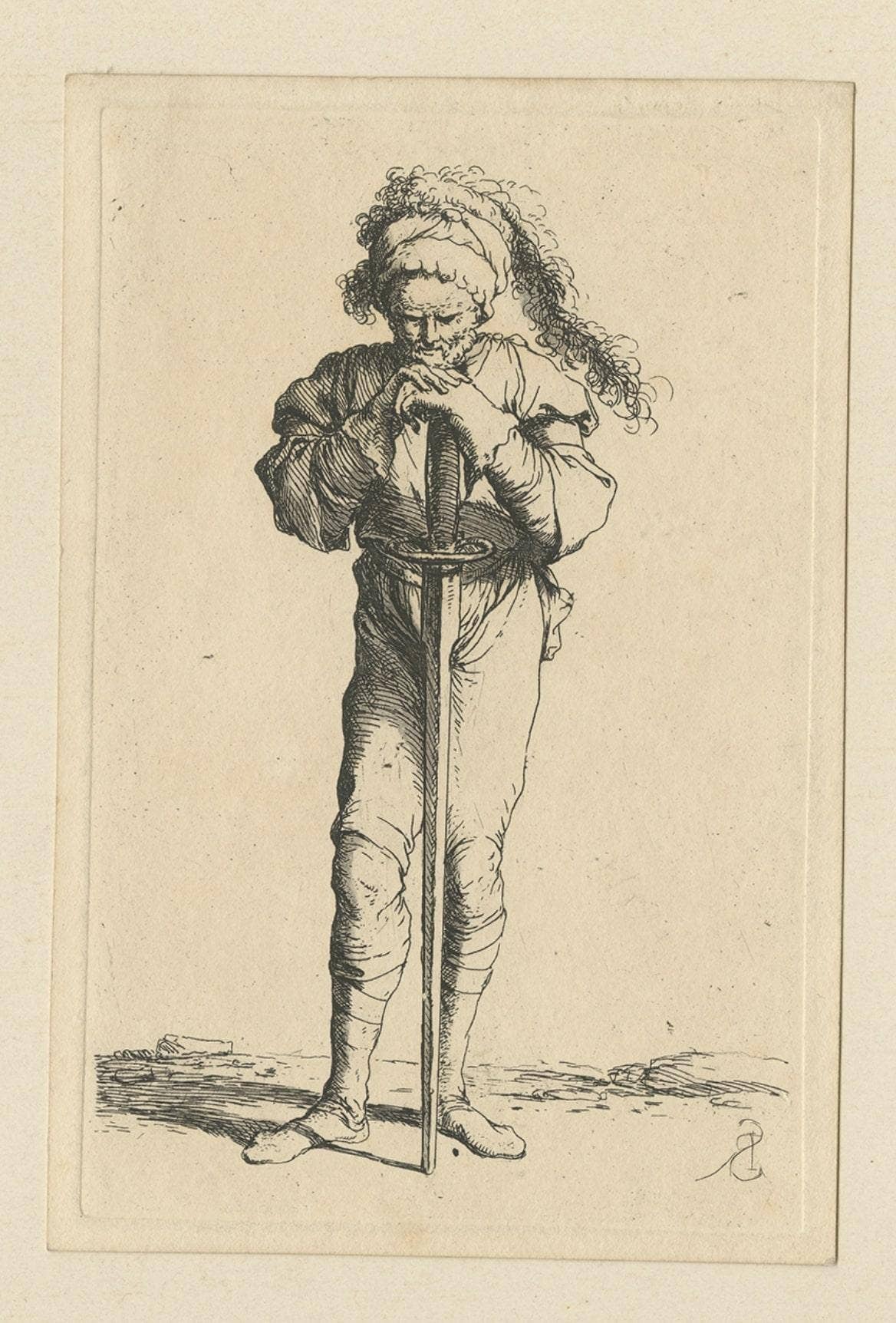 Rare Etching of a Warrior Standing and Leaning on a Long Sword, ca.1658