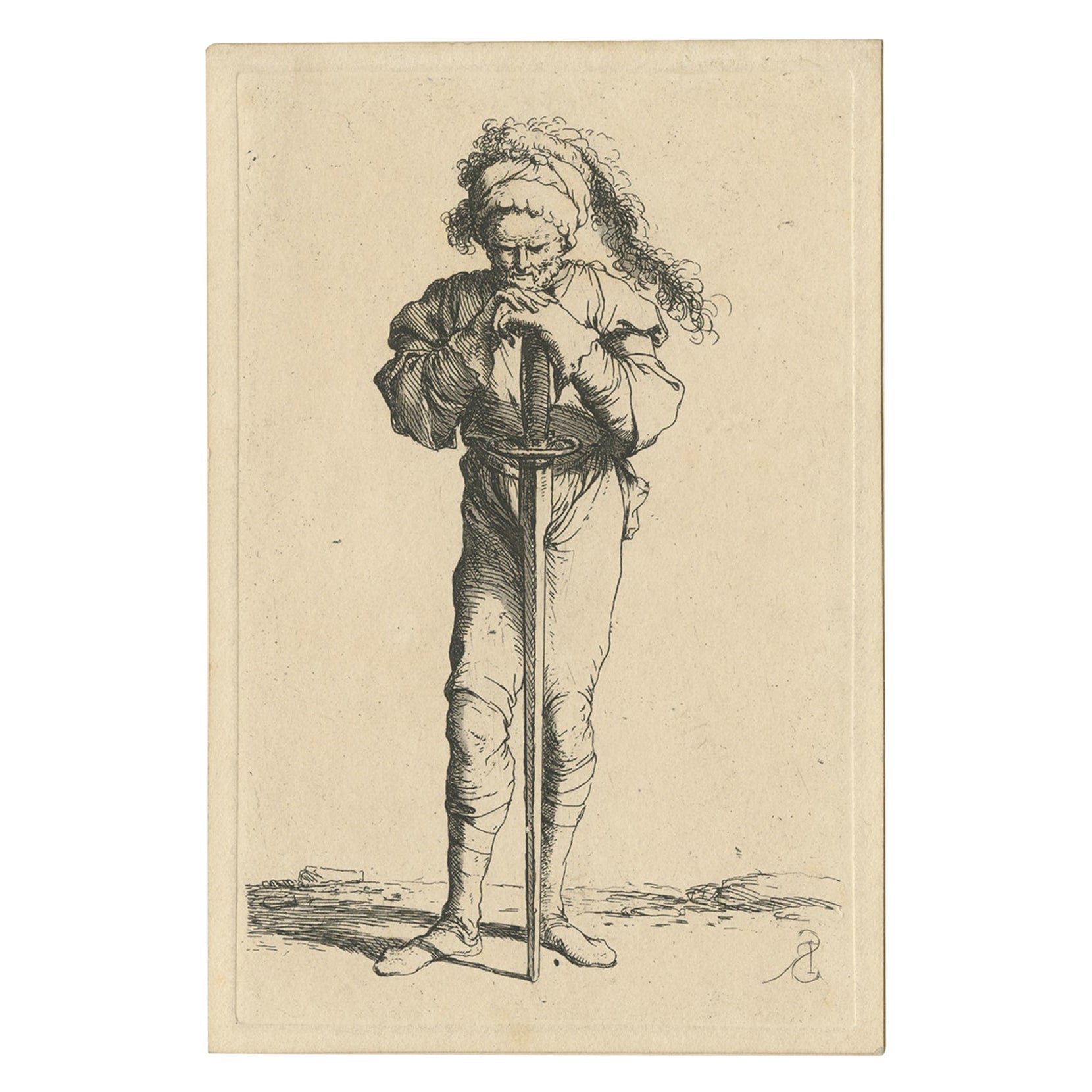 Raro grabado de un guerrero de pie y apoyado en una espada larga, ca.1658