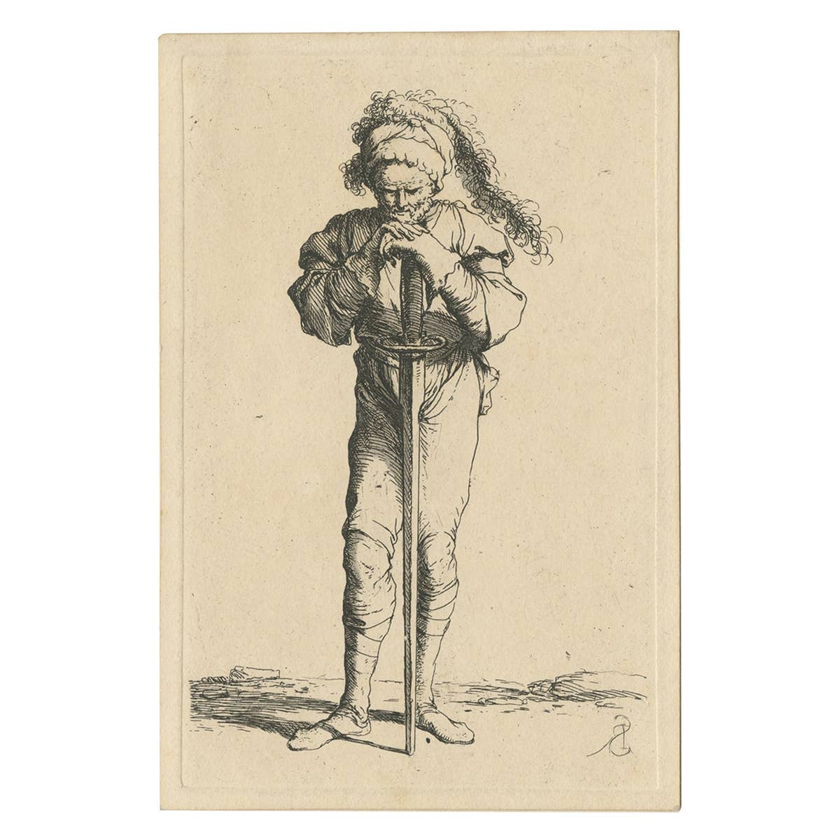 Rare Etching of a Warrior Standing and Leaning on a Long Sword, ca.1658