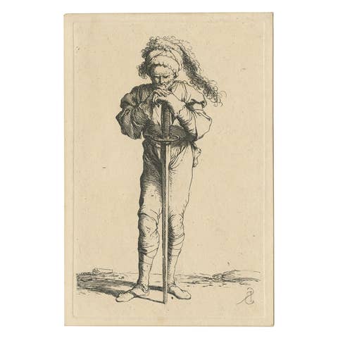 Rare Etching of a Warrior Standing and Leaning on a Long Sword, ca.1658
