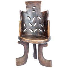 Rare Ethiopian Three-Legged Coptic Chair with Carved Crosses, circa 1950