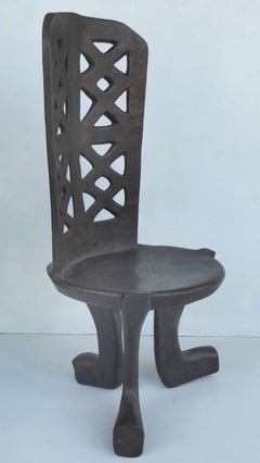 Rare Ethiopian Three-Legged Coptic Chair with Carved Crosses in Back Slat