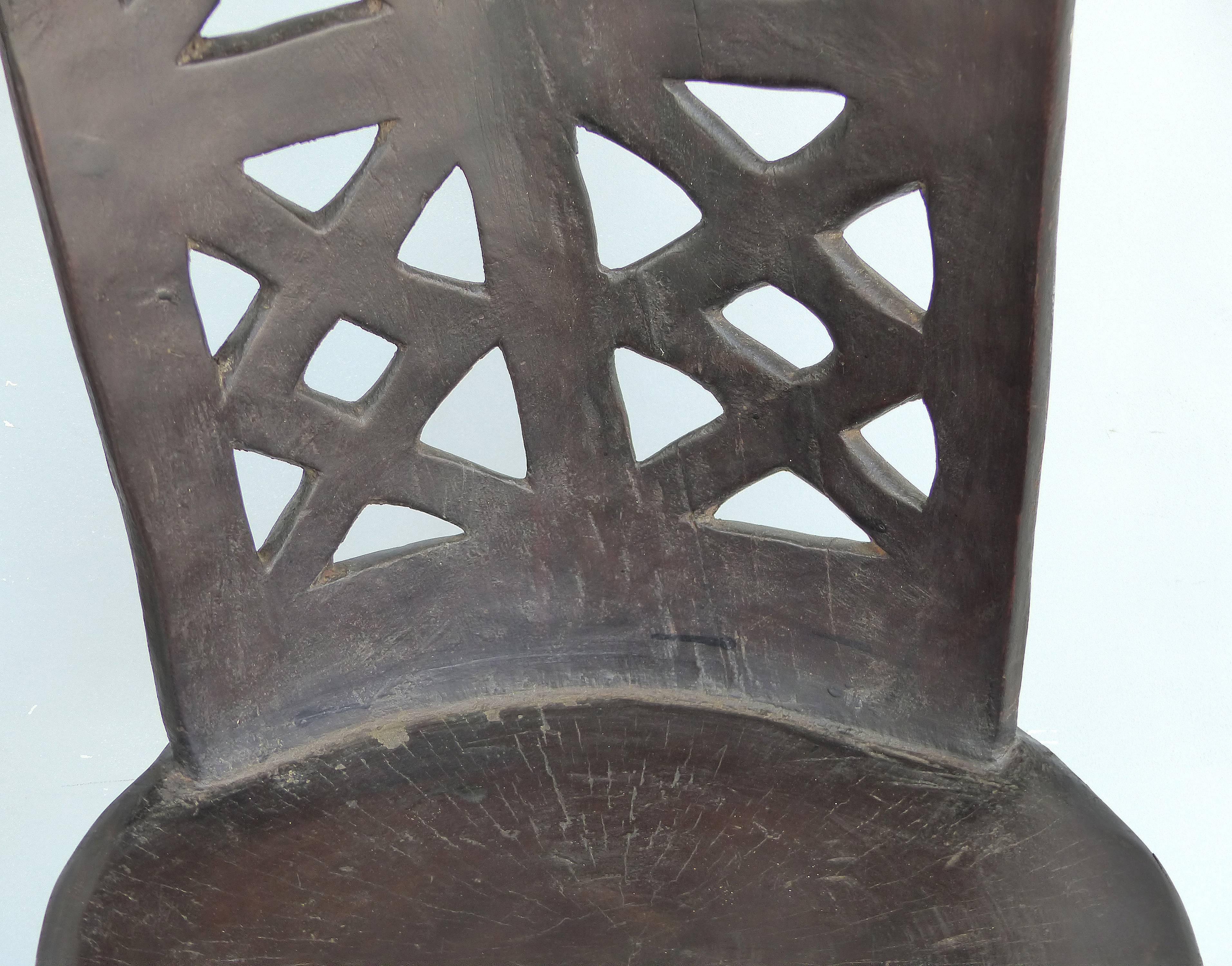 20th Century Rare Ethiopian Three-Legged Coptic Chair with Carved Crosses in Back Slat