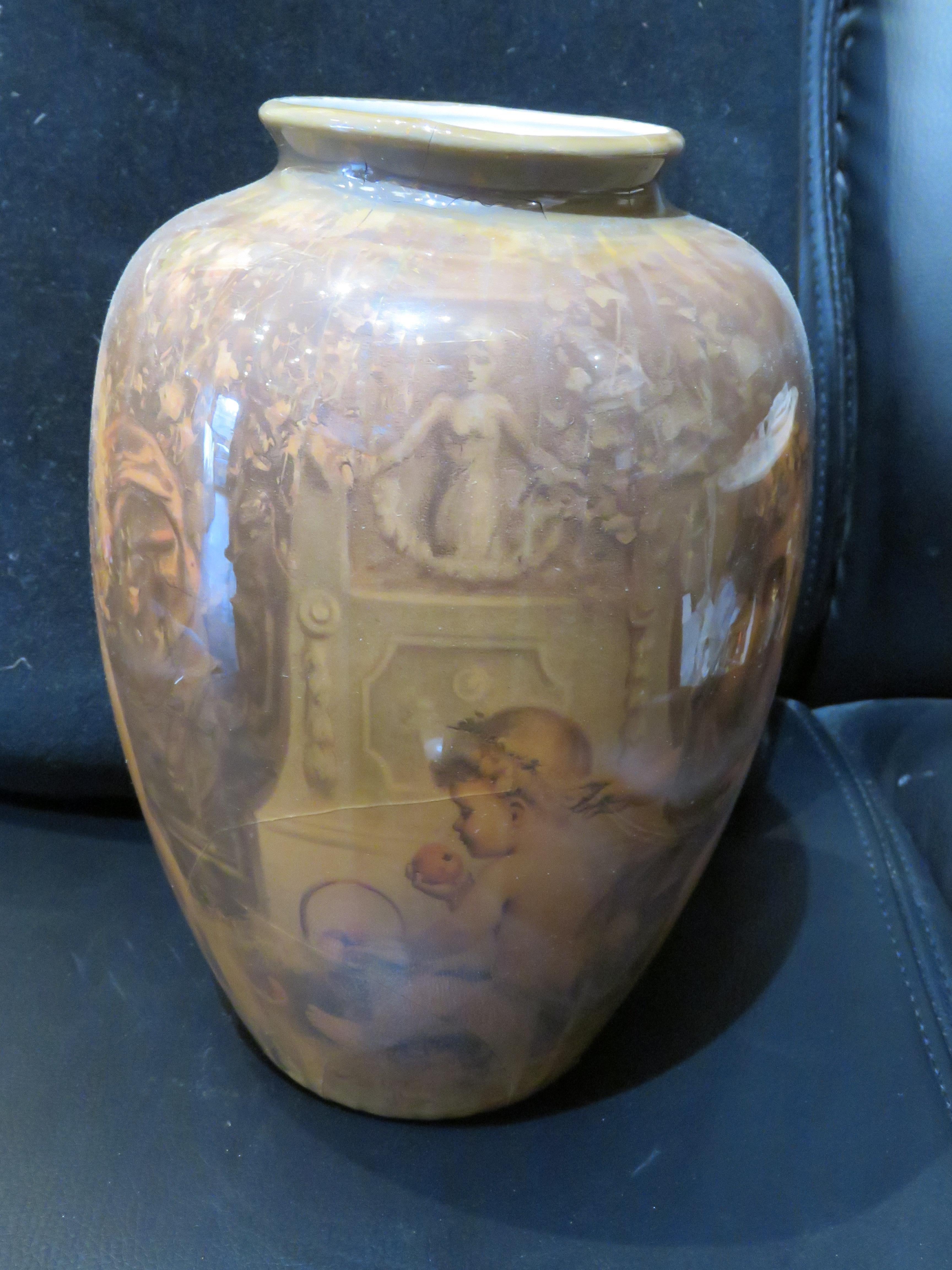French Rare European Antique Cherubs Children Holding Garland Overlay Porcelain Vase For Sale