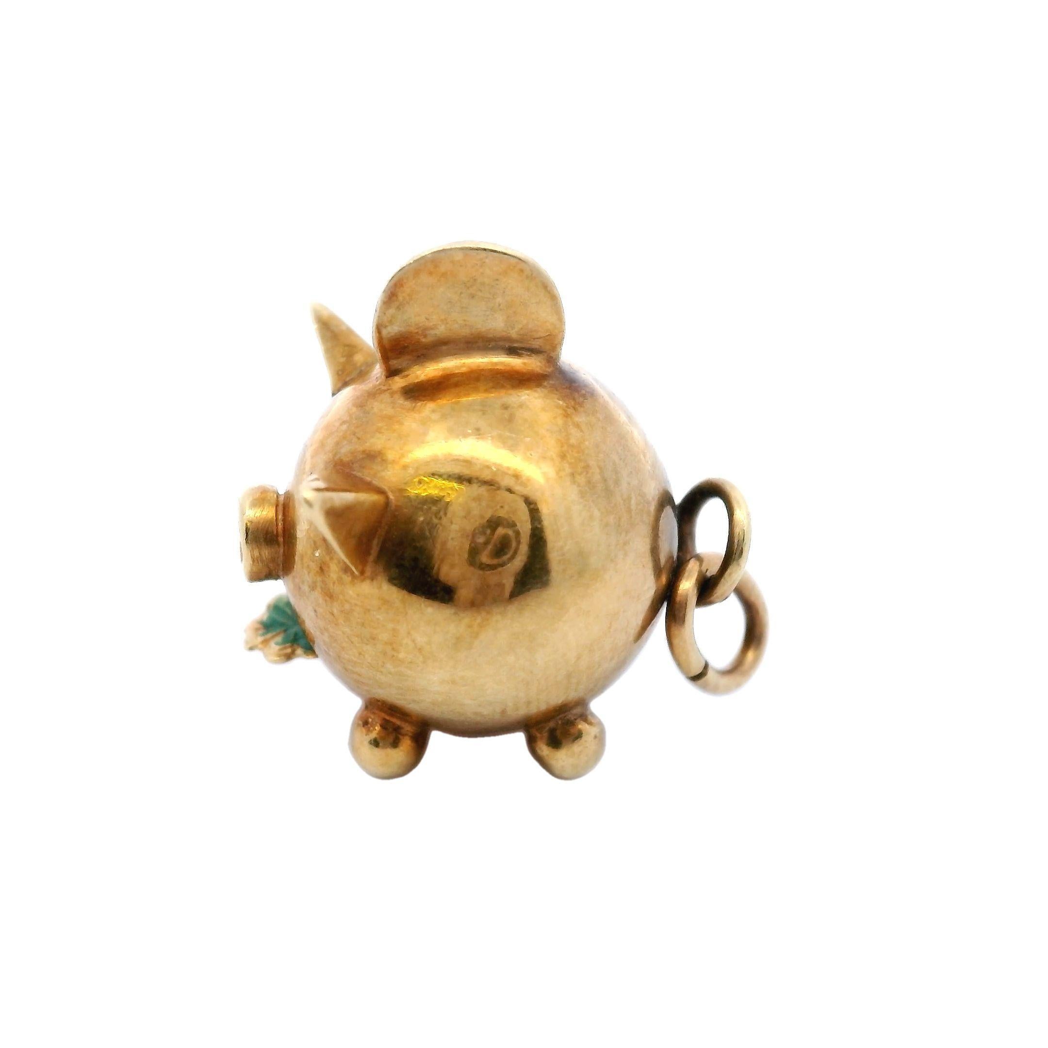 French European Pig Bank Eating an Enamel Clover Made in 14K Gold

This delightful French-made Victorian Pig Charm is a perfect example of the whimsical designs that add character to antique jewelry. Crafted from 14k gold, this charm features a