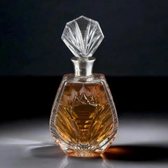 Rare European Cut Crystal Decanter with Silver Collar and Faceted Stopper