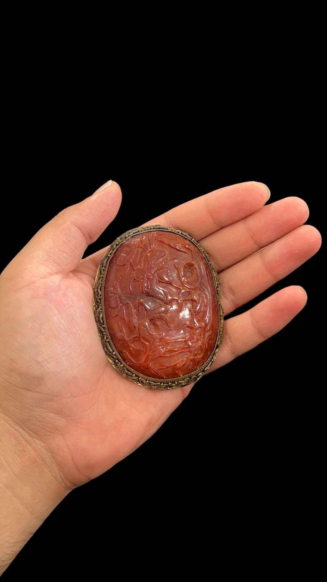 Uncut Rare Exceptional Antique Chinese Carved Amber Brooch For Sale