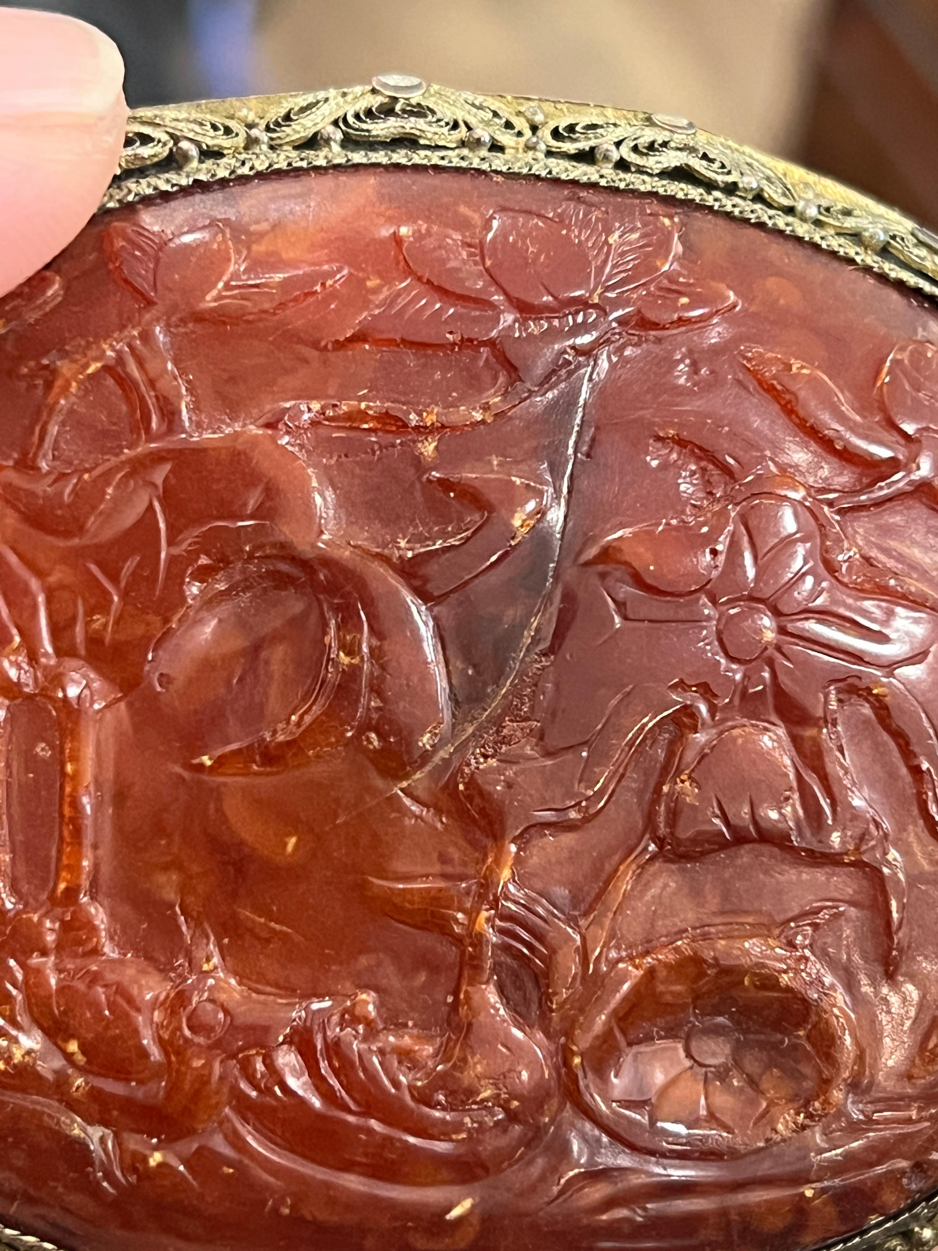 Rare Exceptional Antique Chinese Carved Amber Brooch In Good Condition For Sale In Media, PA