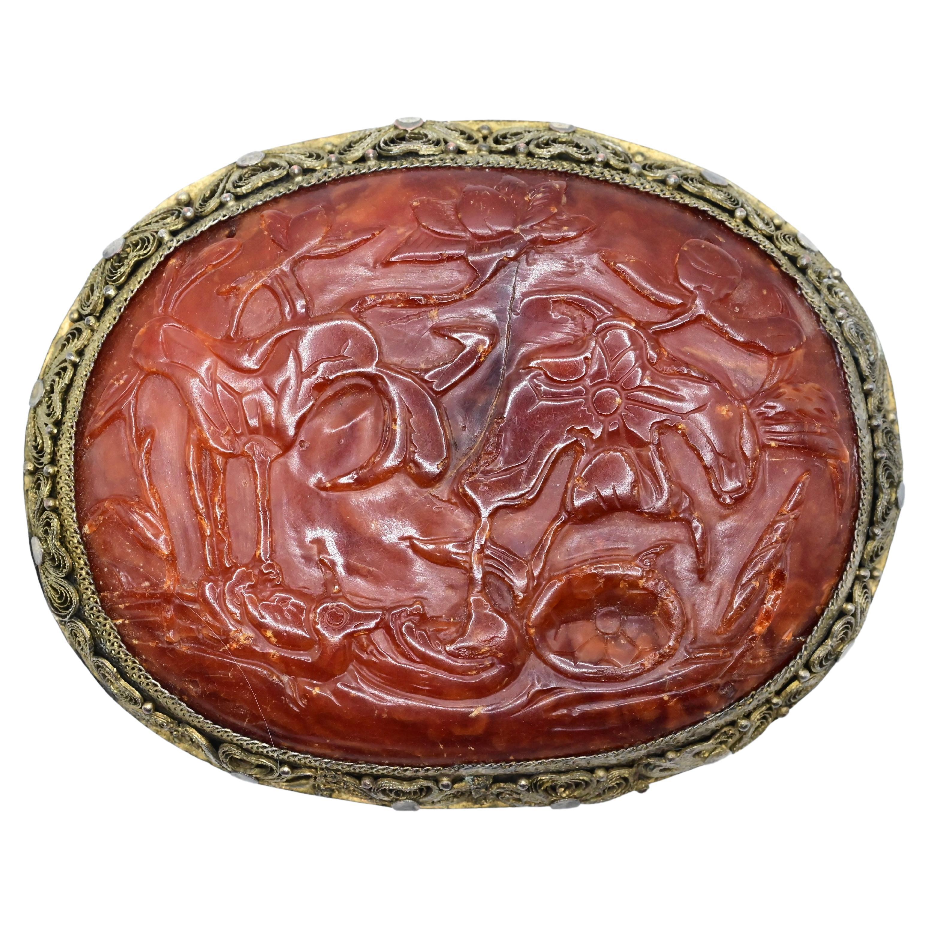 Rare Exceptional Antique Chinese Carved Amber Brooch For Sale