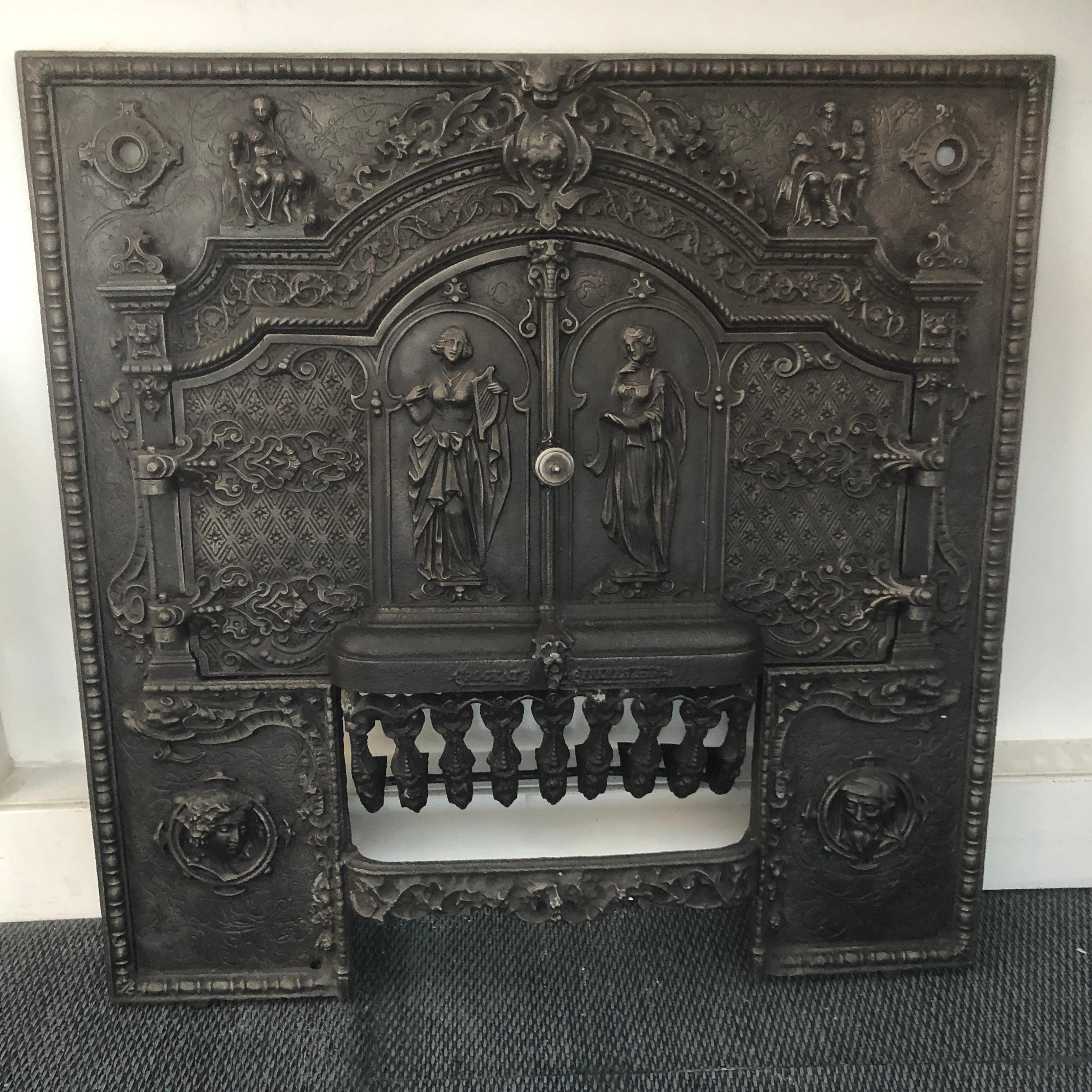 This splendid and rare facade ornate front Mantel with doors and cast iron shell, will adorn and dress your fireplace.
Exceptionally refined, openwork it is enriched with characters representing the arts, music, motherhood, wisdom, the ancient but