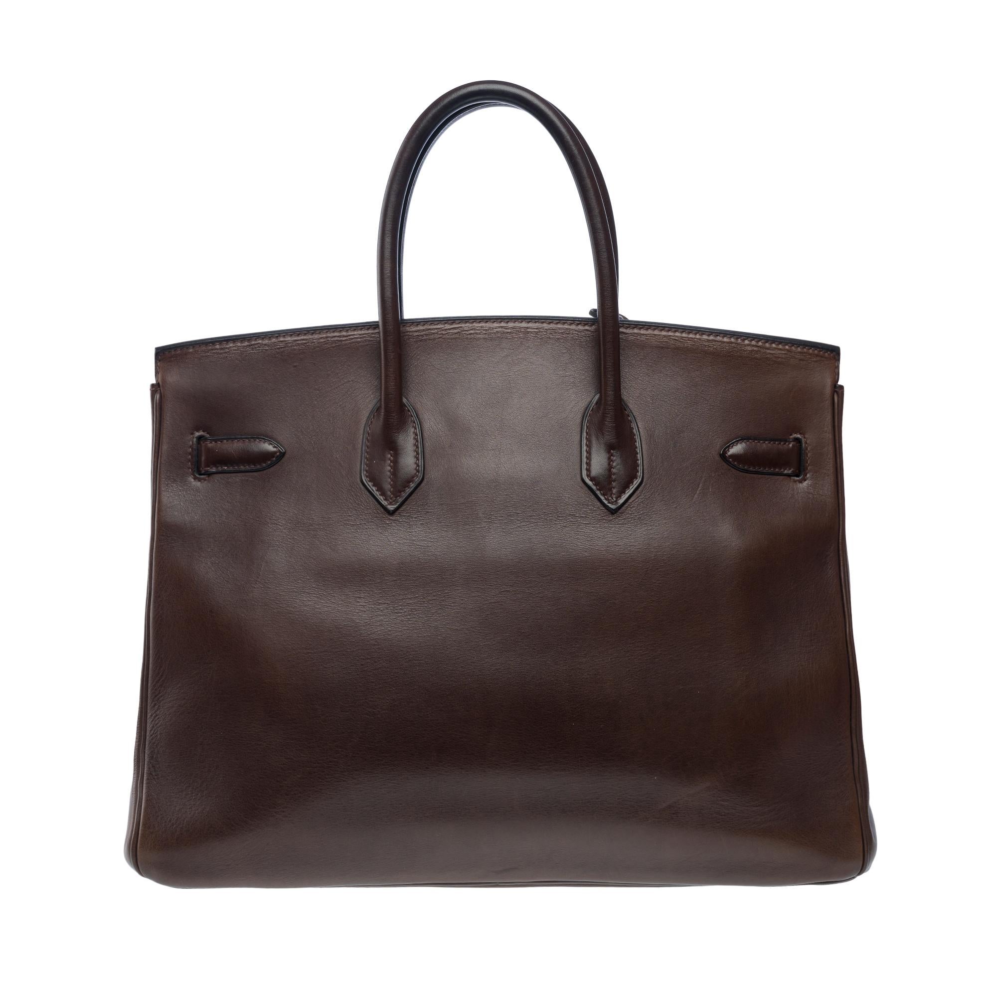 Rare & Exceptional Hermès Birkin 35 handbag in Ebony Brown Barenia leather, GHW In Good Condition For Sale In Paris, IDF