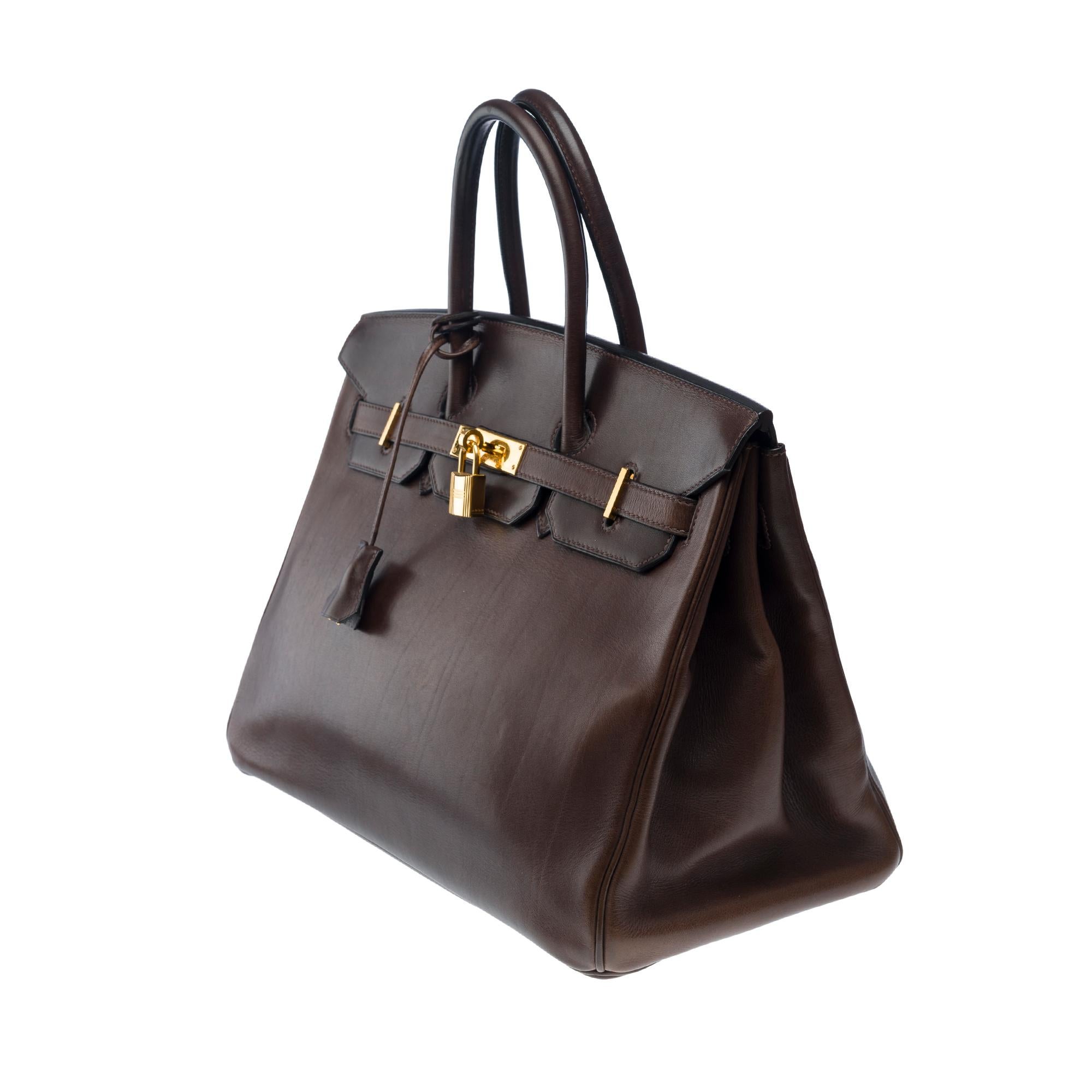 Seltene & außergewöhnliche Hermès Birkin 35 Handtasche in Ebony Brown Barenia Leder, GHW Damen im Angebot