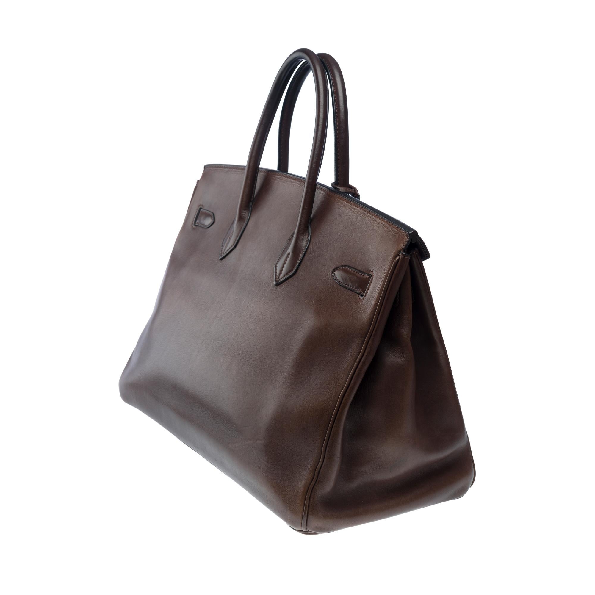 Rare & Exceptional Hermès Birkin 35 handbag in Ebony Brown Barenia leather, GHW For Sale 1