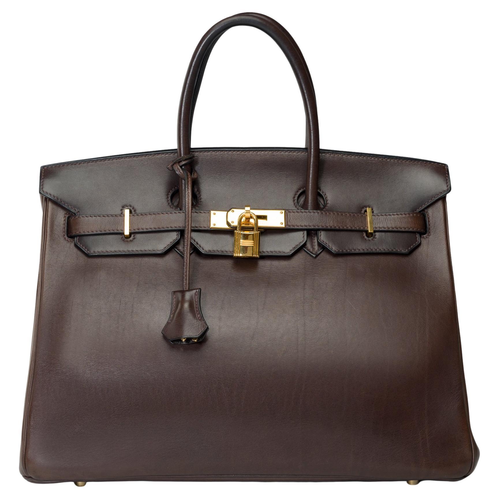 Seltene & außergewöhnliche Hermès Birkin 35 Handtasche in Ebony Brown Barenia Leder, GHW im Angebot