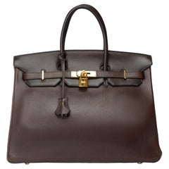 Retro Rare & Exceptional Hermès Birkin 35 handbag in Ebony Brown Barenia leather, GHW