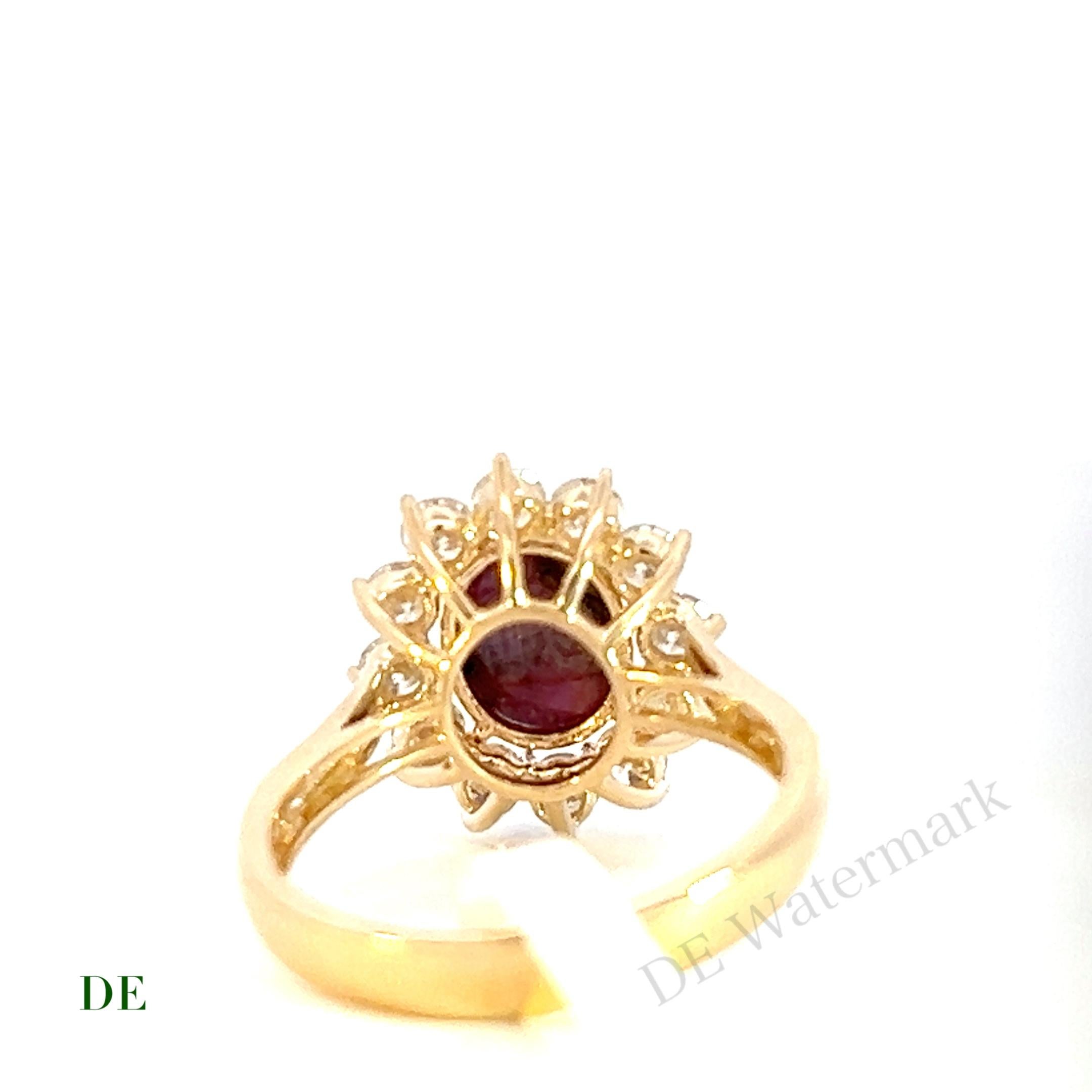 Cabochon Rare Exclusive 14k Yellow 3.2 crt Red Ruby Star Sapphire 1.23 crt Diamond ring For Sale