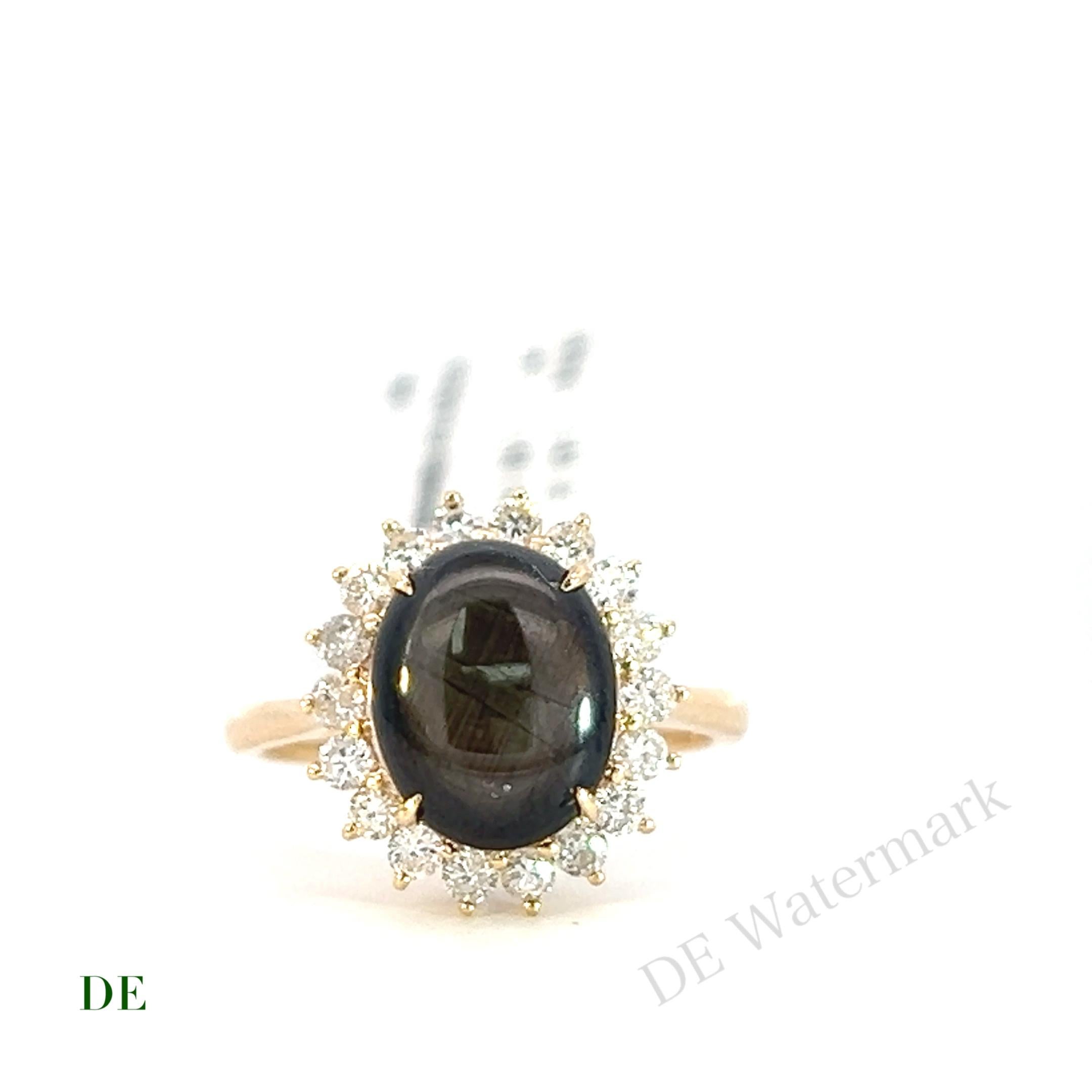 Women's or Men's Rare Exclusive 14k Yellow Gold 3.39 crt Black Star Sapphire .51 crt Diamond ring For Sale