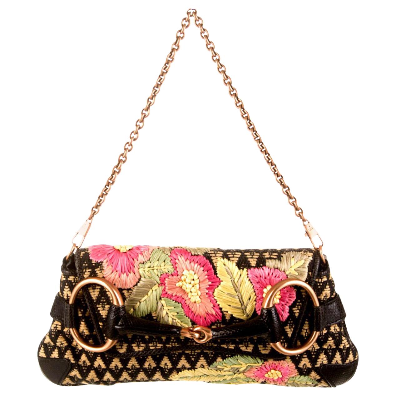 Rare Exotic Gucci by Tom Ford Embroidered Flowers Raffia Horsebit Clutch Bag